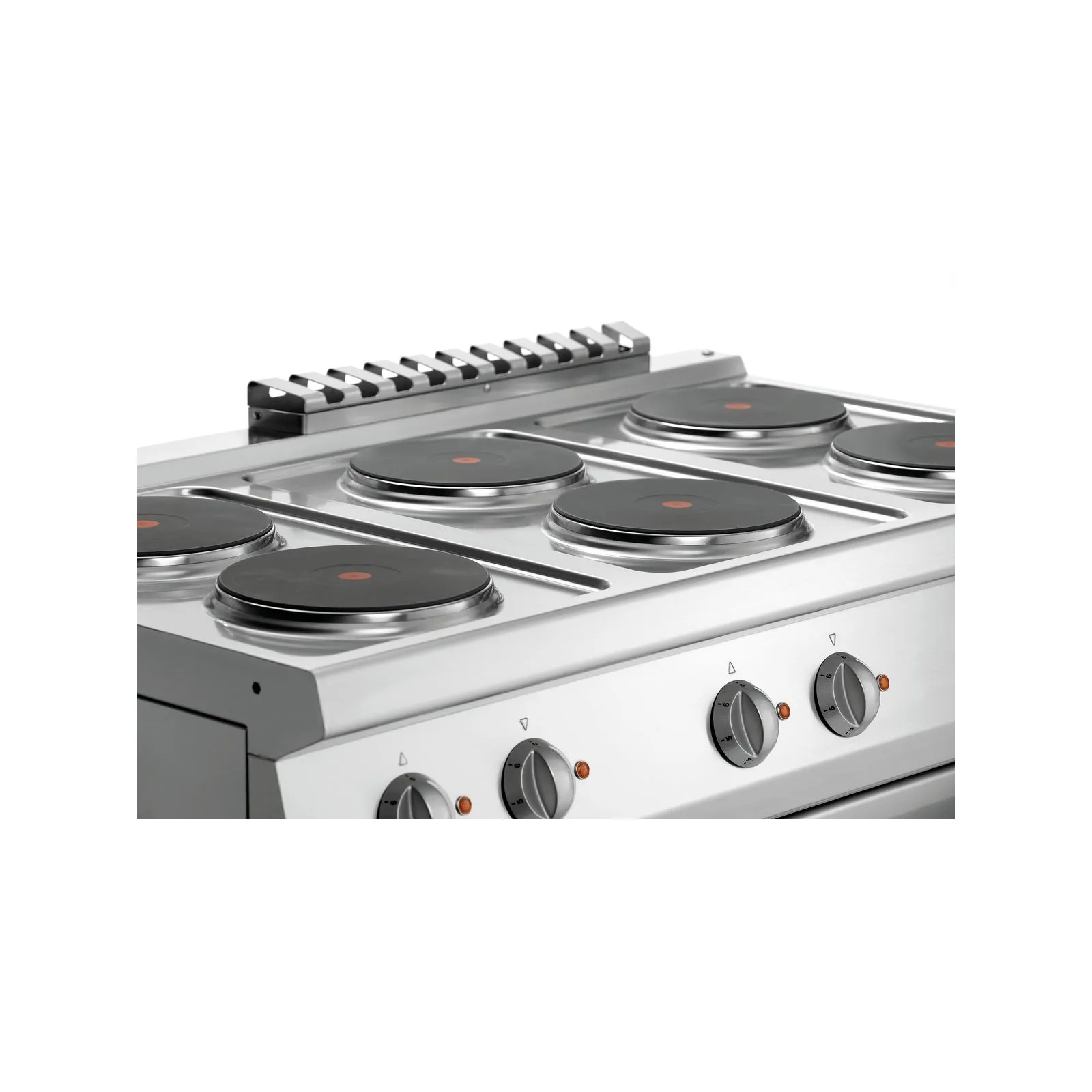 Bartscher 286247 Elektroherd 700 B1200 6PL EBO Nahansicht Kochfelder, Elektroherd, Induktionsplatten, Edelstahl, Runde Heizplatten, Bedienelemente