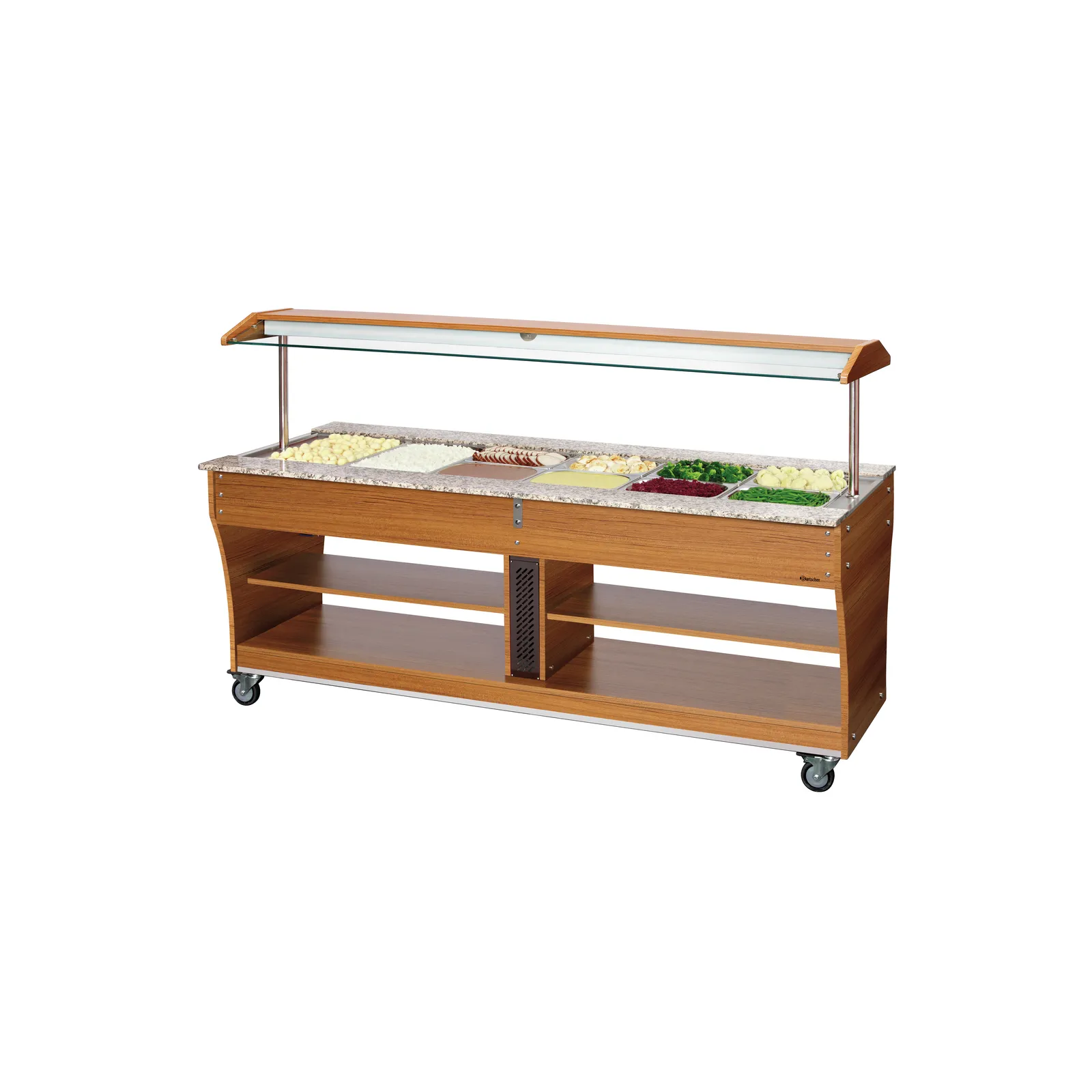 Bartscher 125624 Buffetwagen warm 6x 1/1 GN Ansicht Komplett, mit Essen, Buffet, Saladbar, Granitplatte, Holzkonstruktion, Rollen