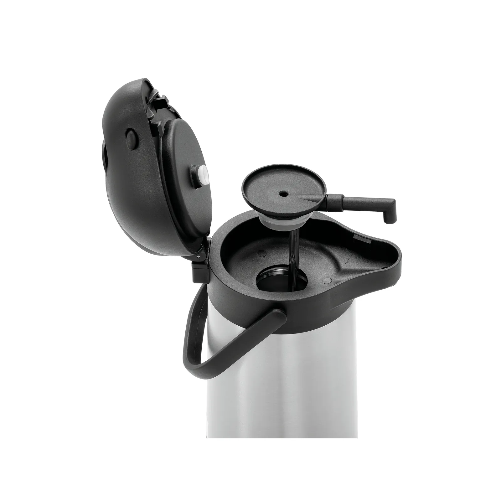 Bartscher 190117 Isolierpumpkanne 1,9L-ST Ansicht von oben, ganz geöffnet, Abnahme Pumpe, Kaffeekanne, Thermosflasche, Deckelhalter, Stahl, Hebelverschluss