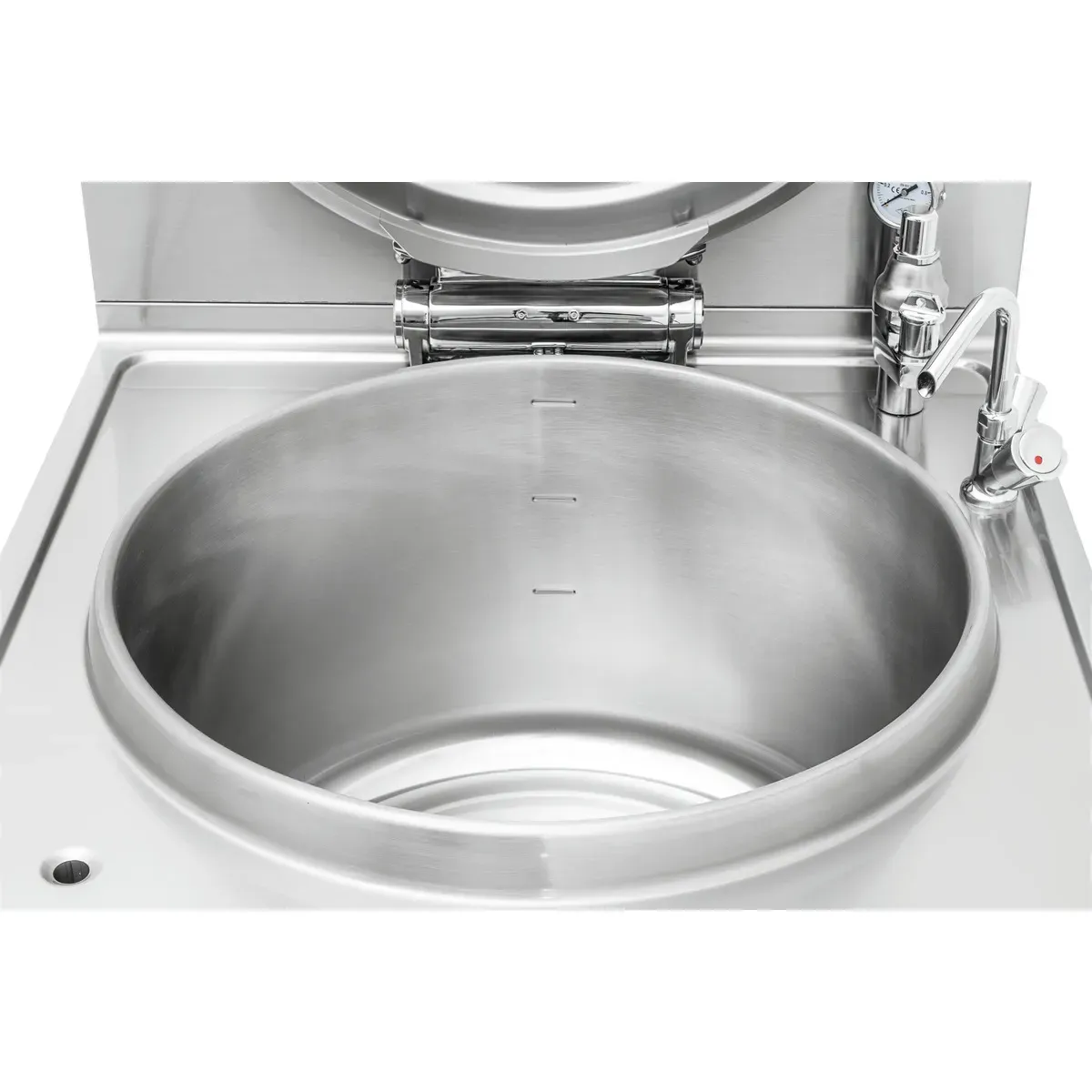 Bartscher 2800021 Kochkessel G113L Nahansicht offener Deckel, industrie-blech, waschbecken, rundspüle, edelstahl, küchenarmatur