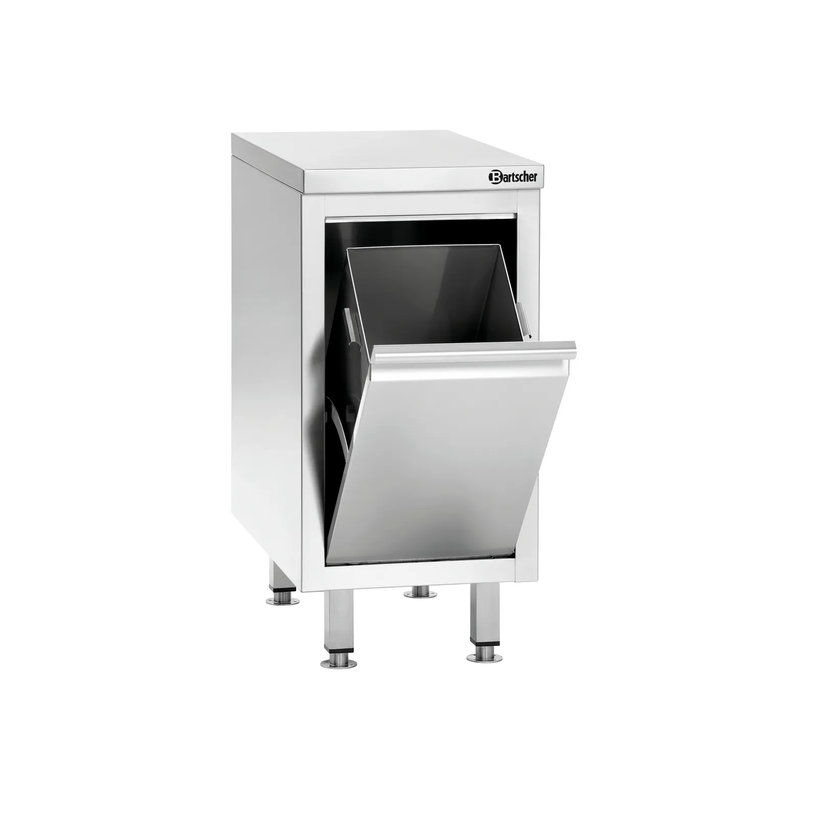 Bartscher 316347 Abfalleimerschrank 700A1 Ansicht Komplett, geöffnet, Schubladenbank, Edelstahl, Küchengerät, Spülenschrank, in Edelstahl