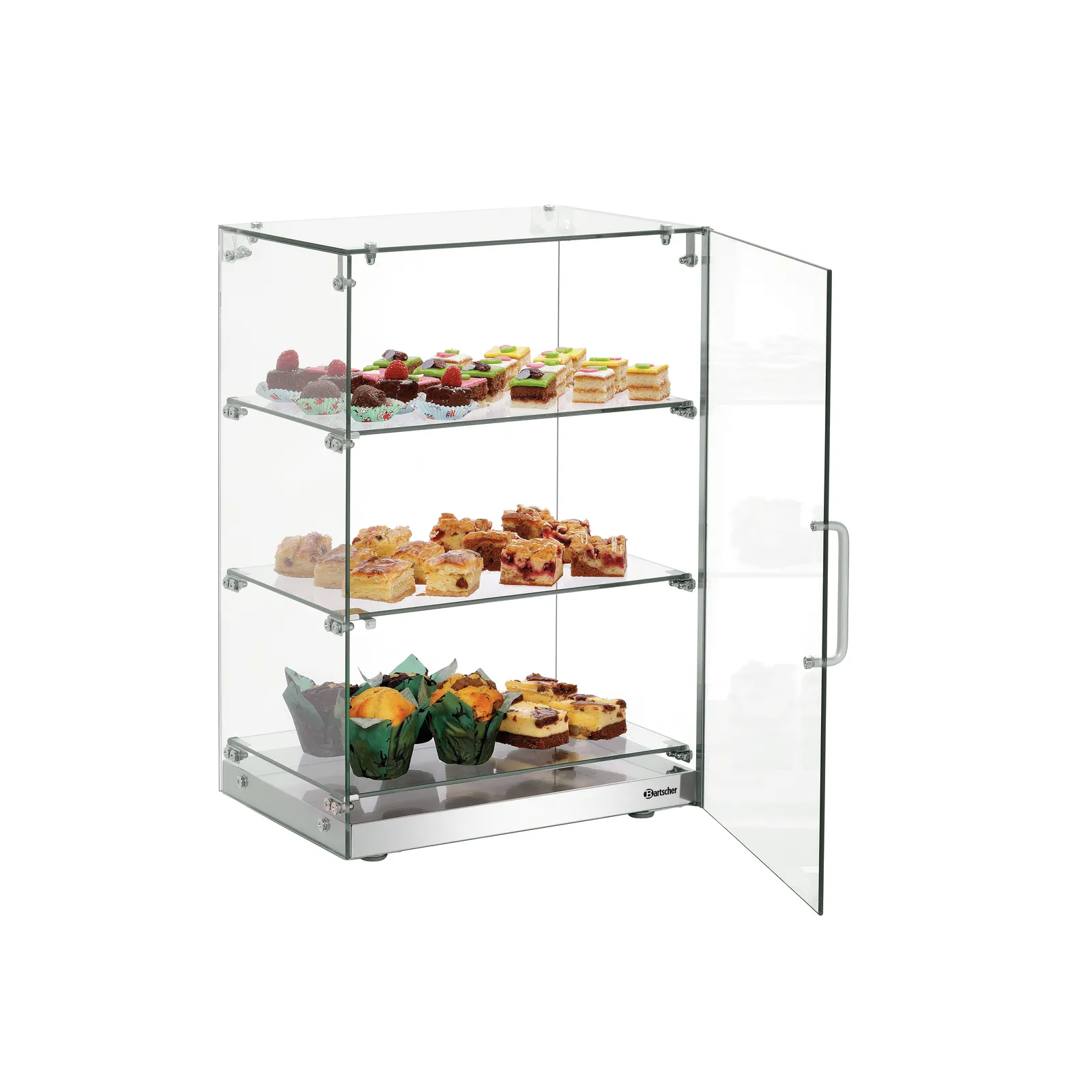 Bartscher 700357 Buffetvitrine 3850 3E-K Ansicht Komplett mit Essen offen Bartscher 700357 Buffetvitrine 3850 3E-K Ansicht Komplett mit Essen offen, glasregal, bakware, glasdisplay, dessertregal, mehrstöckig