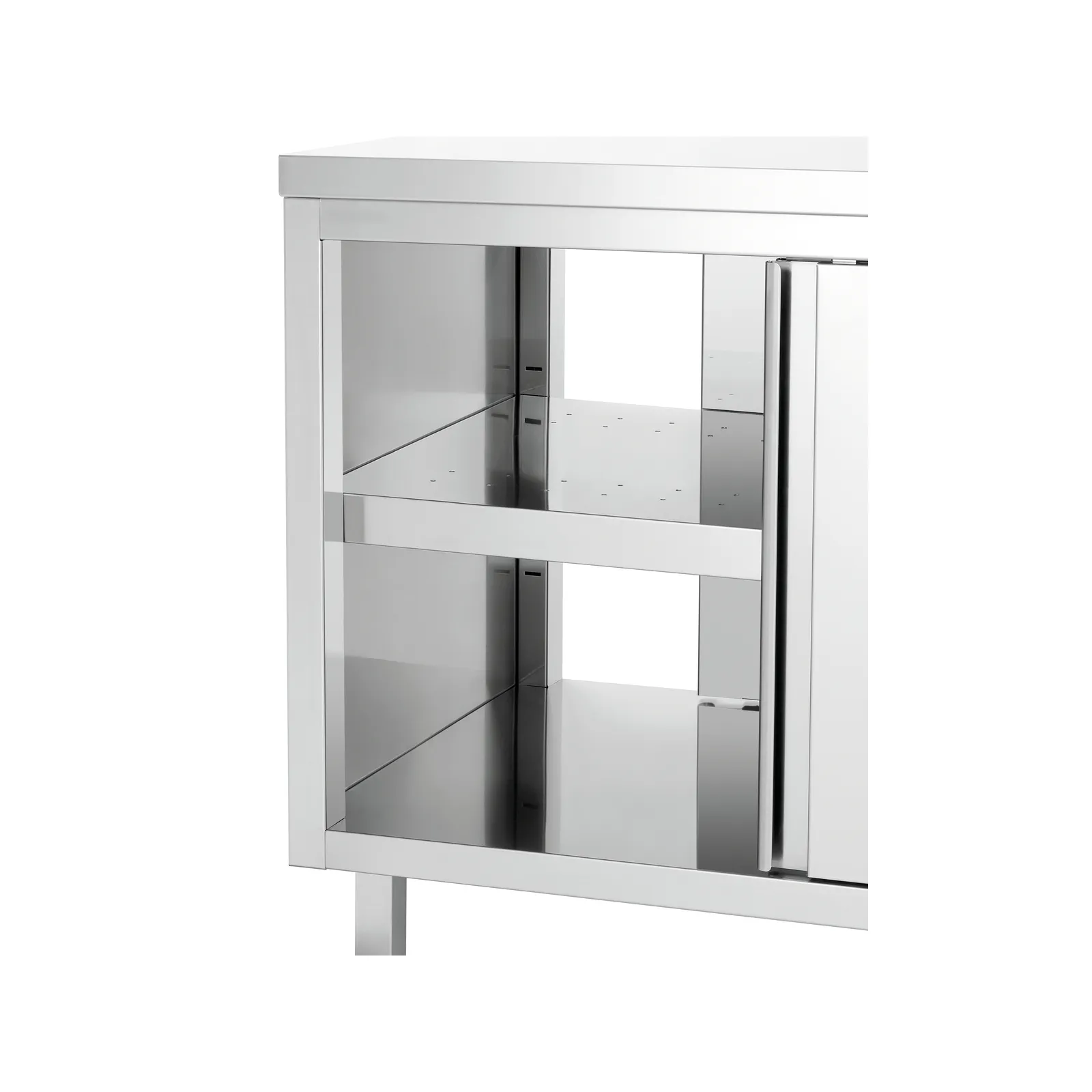 Bartscher 346147 Wärmeschrank 700-4T 1400 Nahansicht Innenraum, metallischer Schrank, Glasfront, Edelstahl, Spiegeloberfläche, Waschmaschinenkonsole