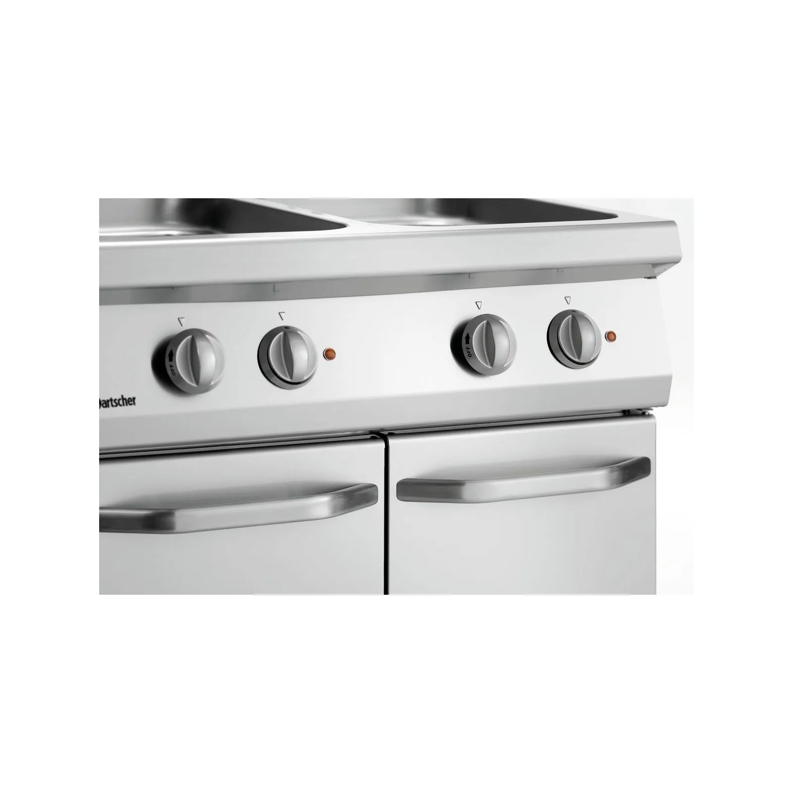 Bartscher 286310 Nudelkocher 700 B800 2x24L Nahansicht Bedienelemente, gas-stove, knob-controls, stainless-steel, double-door, orange-indicator