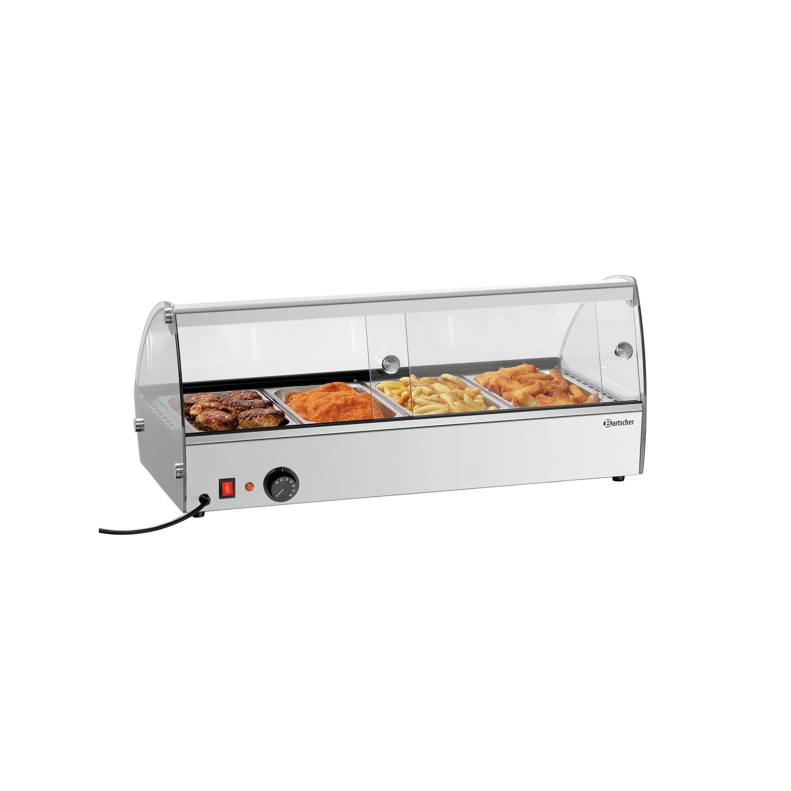 Bartscher 305058 Heiße Aufsatzvitrine R4 4 x 1/3 GN Ansicht Komplett mit Essen, von hinten, Warmhalter, Glasvitrine, Speisen, Proteine, Betriebsart