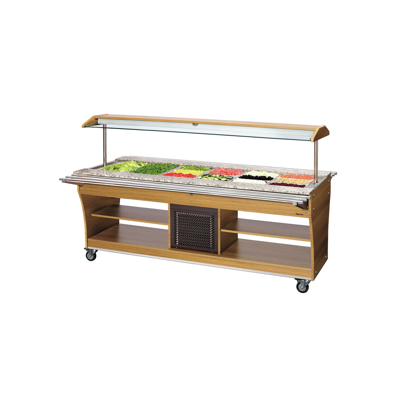 Bartscher 125527 Buffetwagen kalt 6x 1/1 GN Ansicht Komplett, mit Essen, Tablettrutsche ausgeklappt