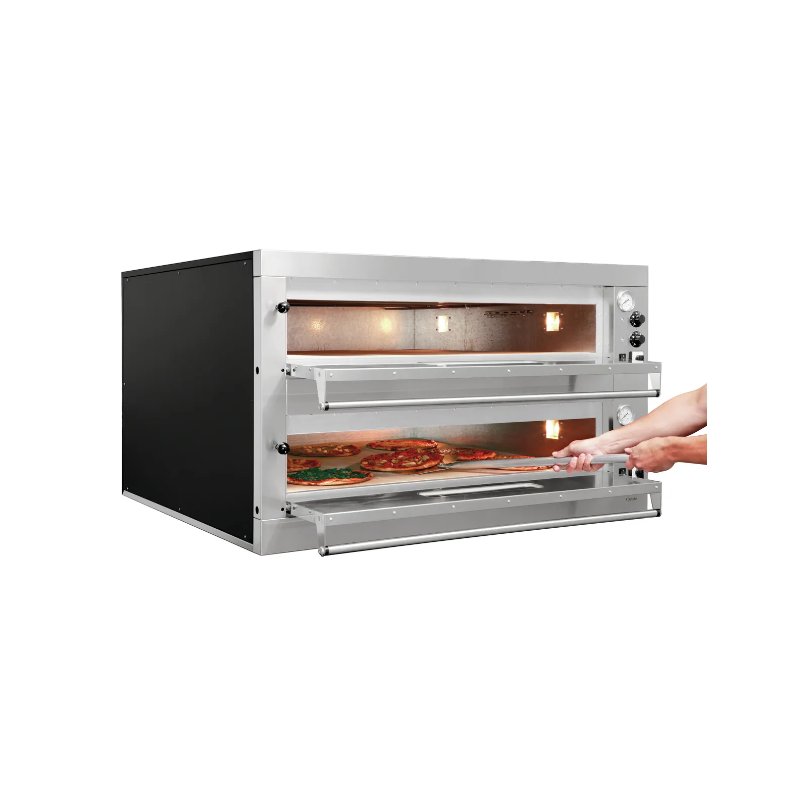 Bartscher 2002170 Pizzaofen ET 205 2BK 1050x1050 Ansicht Komplett, mit Pizza, beim rausholen
