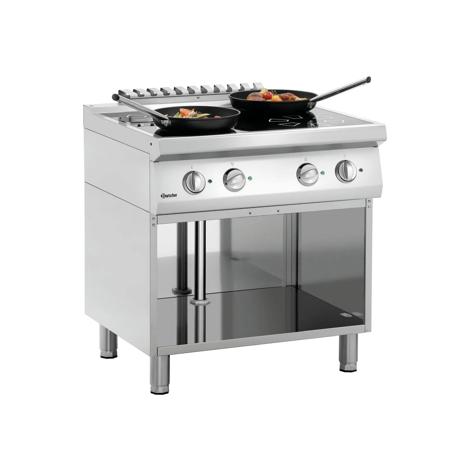 Bartscher 286421 Induktionsherd 700 4FLOU-1 Ansicht Komplett, mit Pfannen,  gas range, 4-burner, stainless steel, oven cabinet, knobs