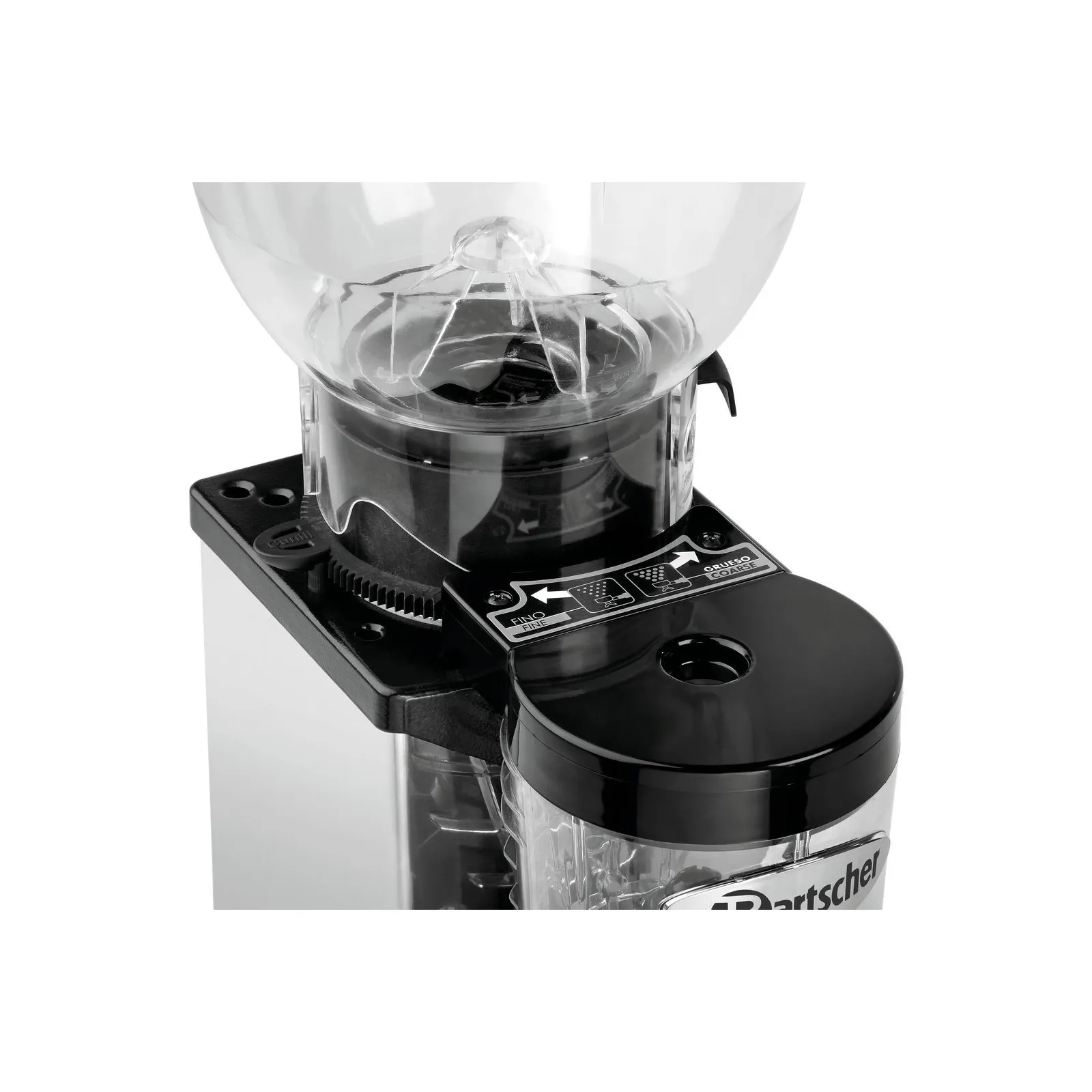 Bartscher 190174 Kaffeemühle Modell Space II Nahansicht oben, Mahlmühle, Kaffeemühle, Schwarz, Kunststoff, Hochglanz