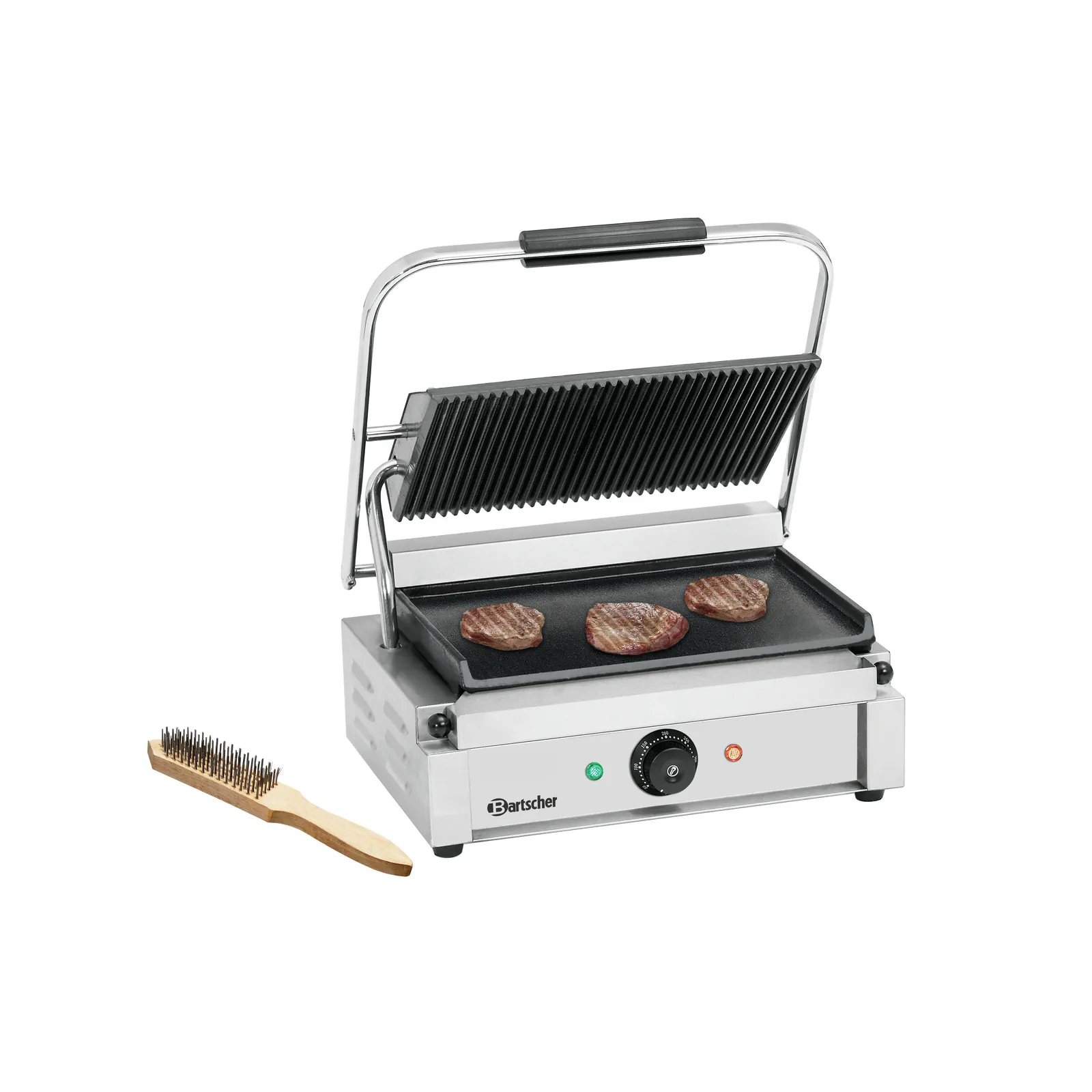 Bartscher A150676 Kontaktgrill Panini Gerillt Glatt Ansicht Komplett mit Essen und Bürste