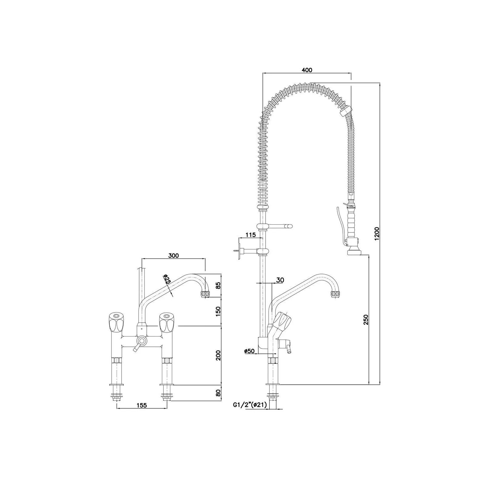 Bartscher 400137 Zweigriffmischer 40L-1802B technische Zeichnung Bartscher 400137 Zweigriffmischer 40L-1802B technische Zeichnung, küchenarmatur, spülarmatur, schwenkbrause, hochdrucksprühkopf, rohrbrause