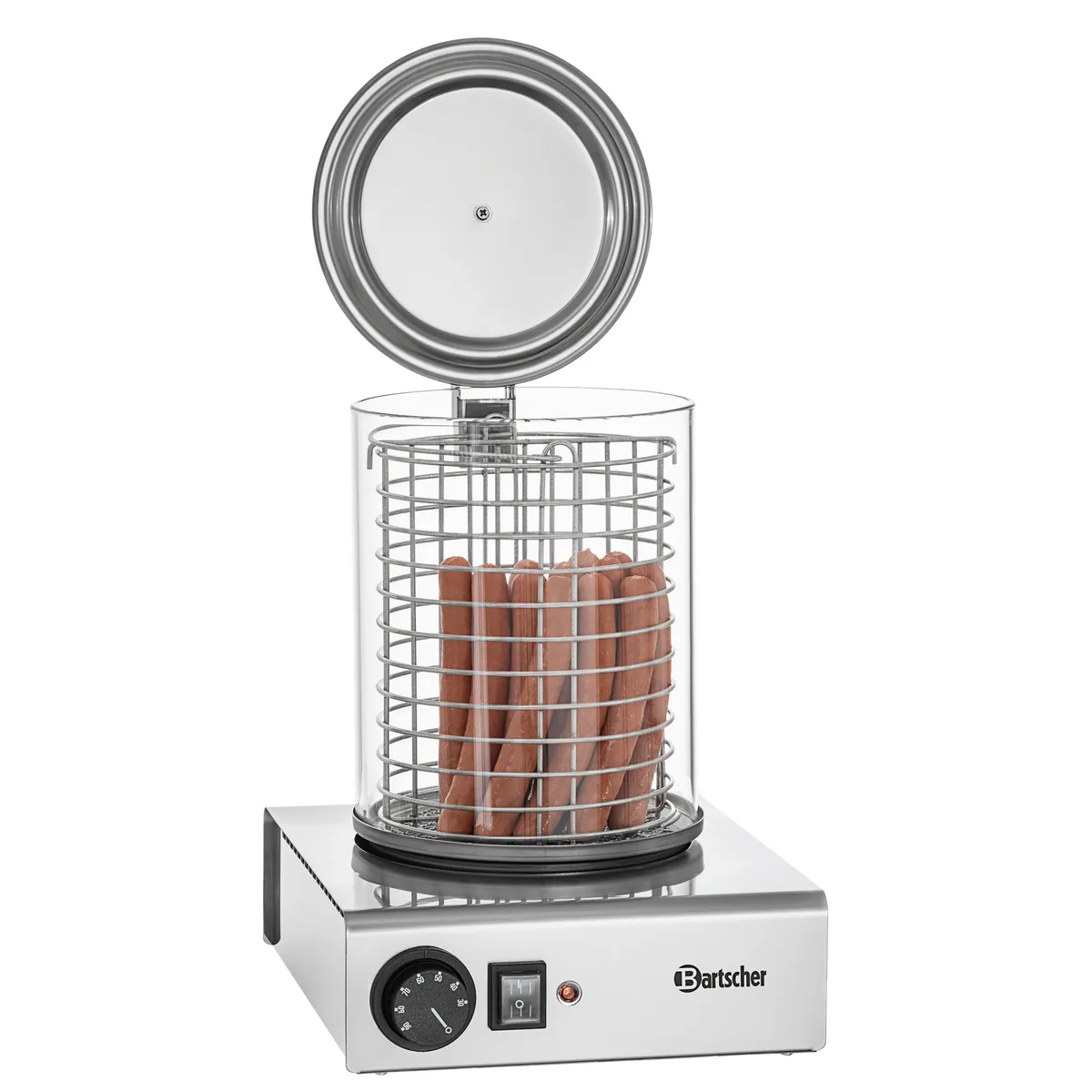 Bartscher A120401 Hotdog Geraet mit Wuerstchen und Deckel offen