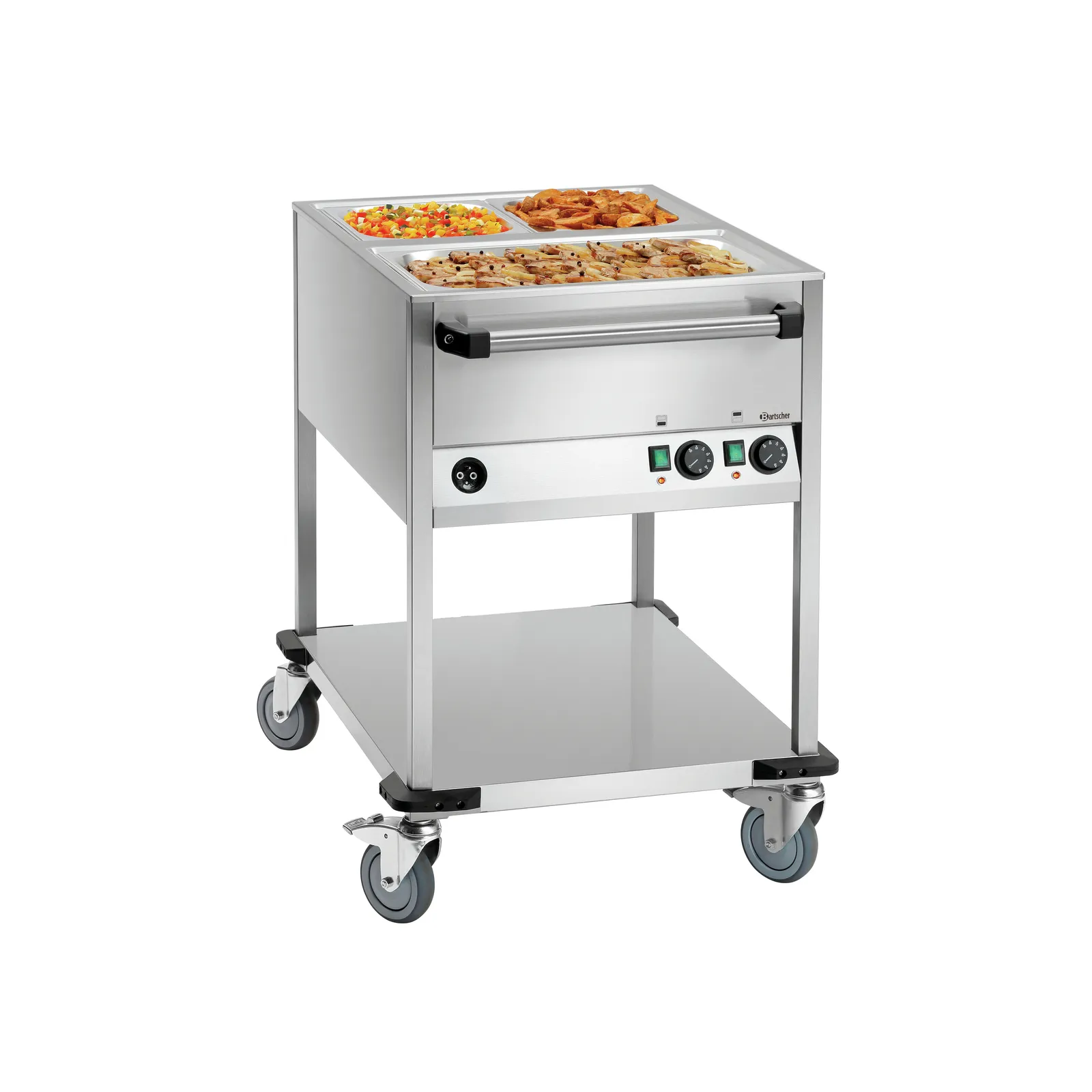 Bartscher 200261 Speisenausgabewagen WB2110 Ansicht Komplett, mit Essen, Chafing Dish, Pfannenspender, Stahlkonstruktion, Rollenwagen, Gastronomie