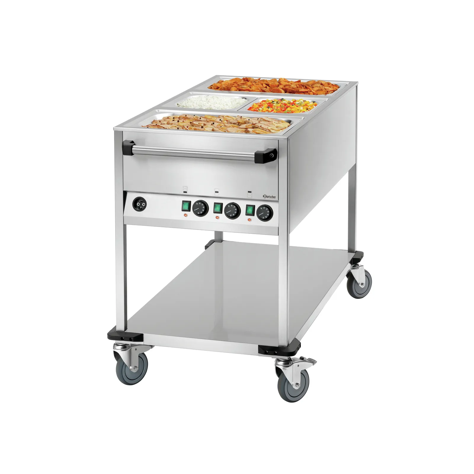 Bartscher 200262 Speisenausgabewagen WB3110 Ansicht Komplett, mit Essen, Chafing Dish, Warmhaltewagen, Gastronomie, Stahl, Rollwagen