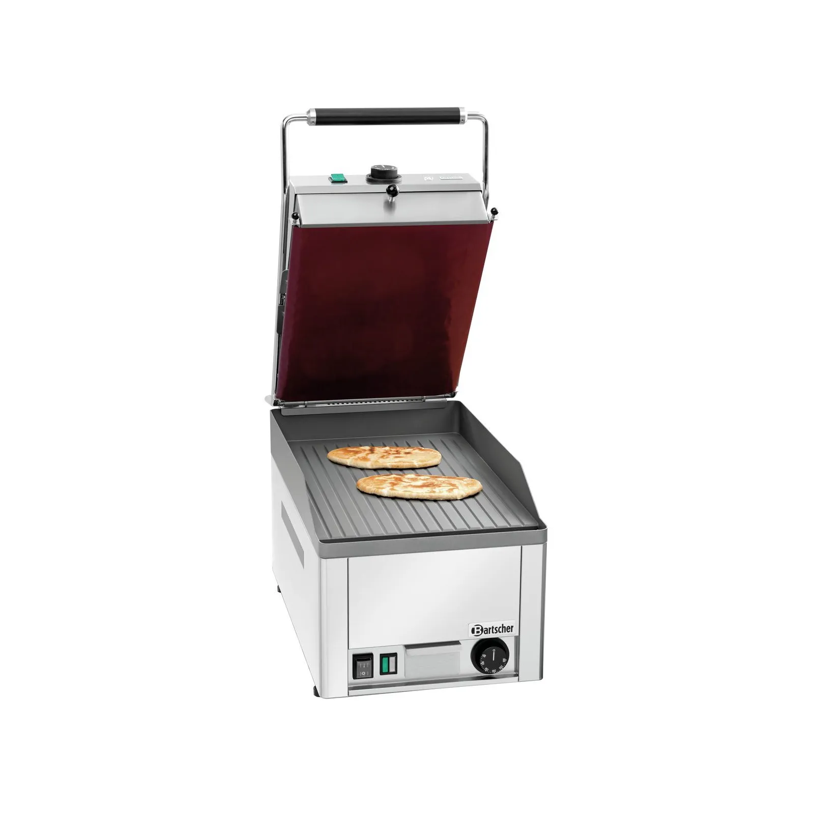 Bartscher 370100 Grillaufsatz GDP 320/650E Ansicht auf Griddleplatte GDP 320E geöffnet mit Antihaft-Folie und Essen