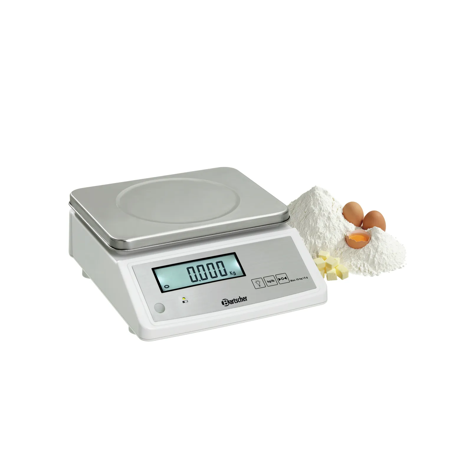 Bartscher A300117 Waage Ansicht Komplett angeschaltet mit Essen daneben