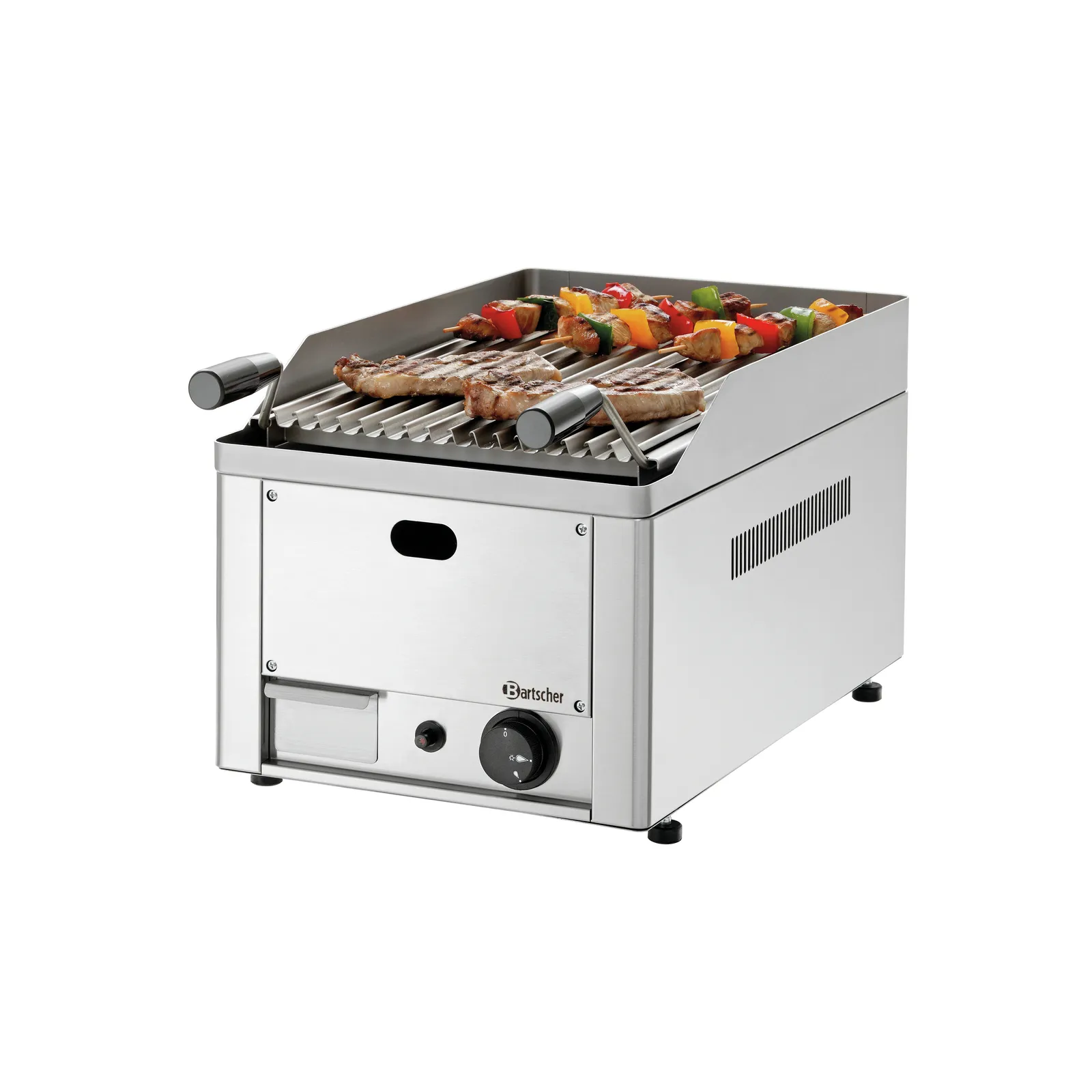 Bartscher 2006301 Lavasteingrill Gas 40 B330 TG Ansicht Komplett, mit Essen