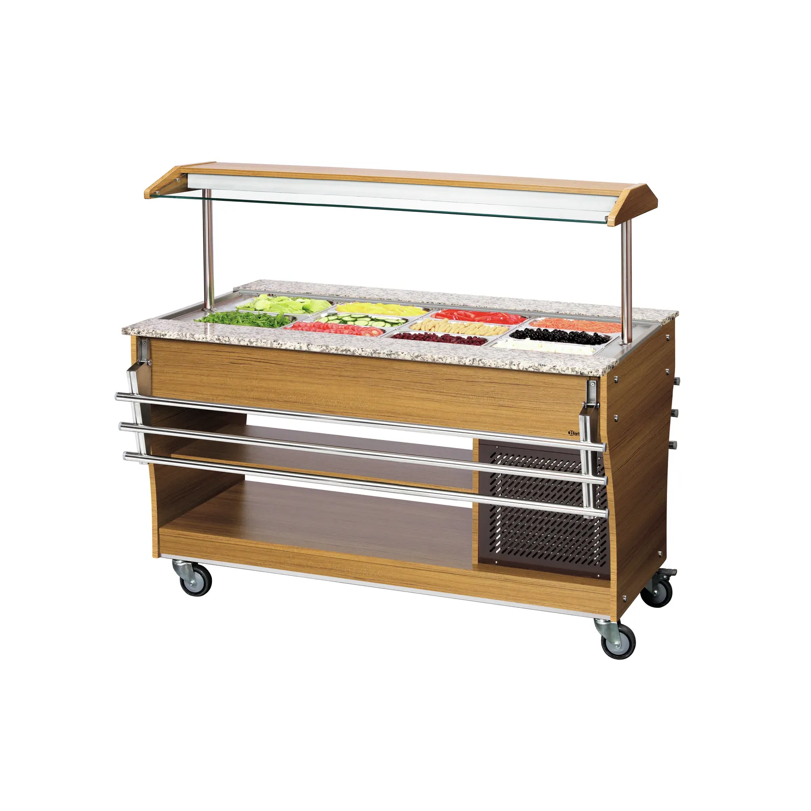 Bartscher 125526 Buffetwagen kalt 4x 1/1 GN Ansicht Komplett, mit Essen, mit Tablettrutsche eingeklappt, Buffettafel, Salatbar, Holz, Granitplatte, Rollbar