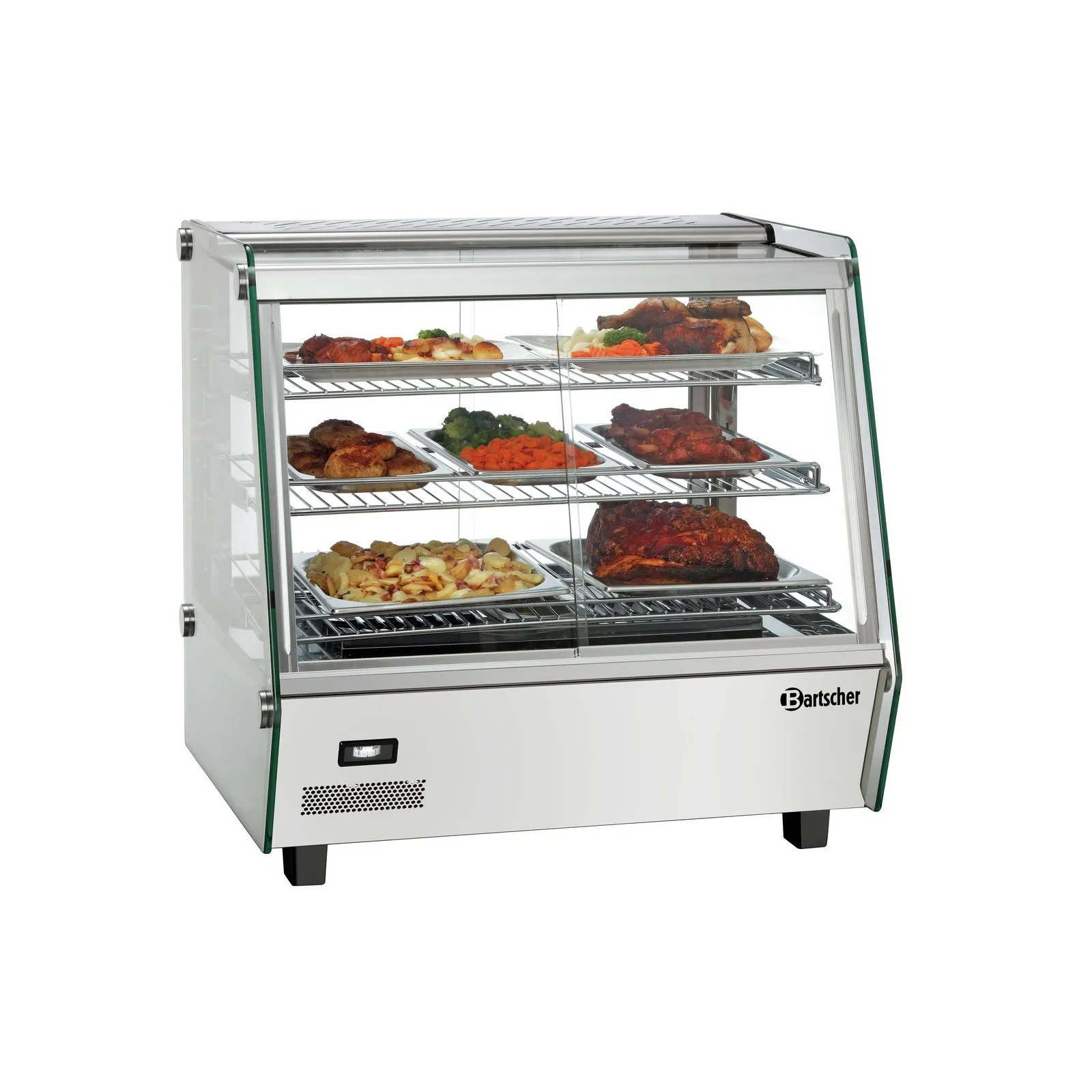 Bartscher 305055 Heiße Theke Bartscher DeliPlus I-D Ansicht Komplett, mit Essen, Schanktisch, Vitrinenschrank, Steckfach, Metall, Glasfront