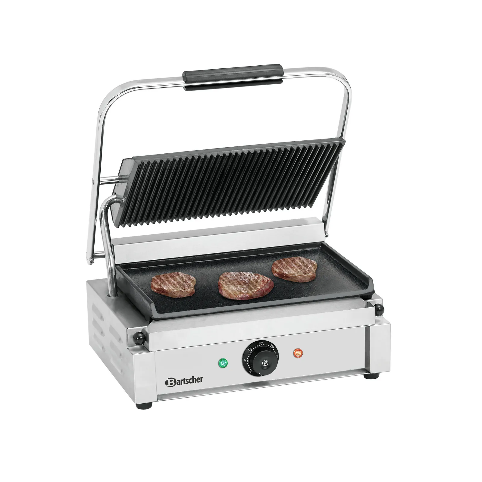 Bartscher A150676 Kontaktgrill Panini Gerillt Glatt Ansicht Komplett mit Essen