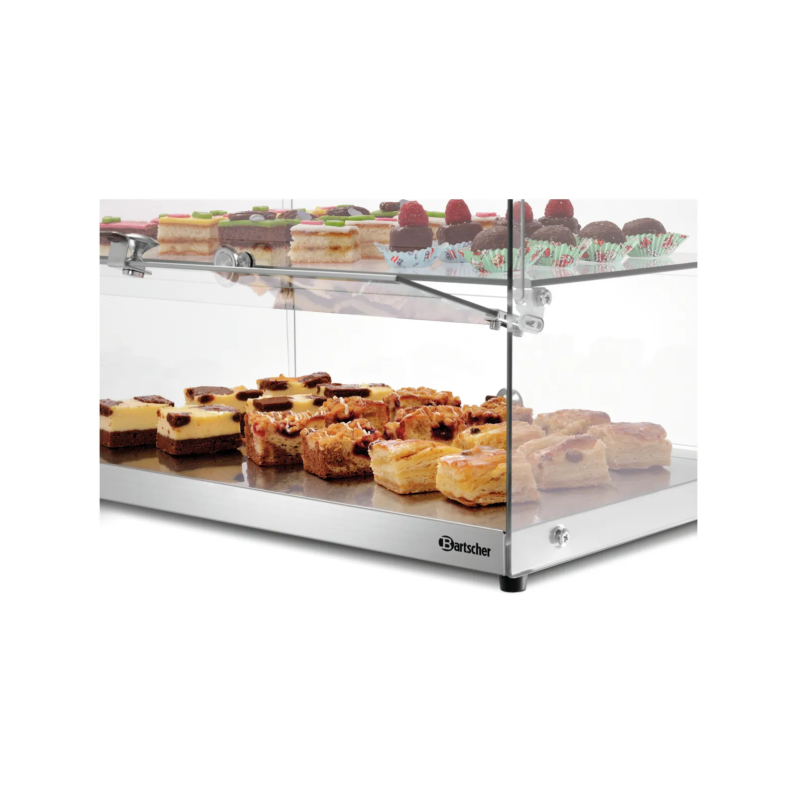 Bartscher 700356 Buffetvitrine 5400 2E-K Ansicht nah mit Essen offen Bartscher 700356 Buffetvitrine 5400 2E-K Ansicht nah mit Essen offen, Backwaren, Auslage, Kuchen, Glasdiplom, Metallgehäuse