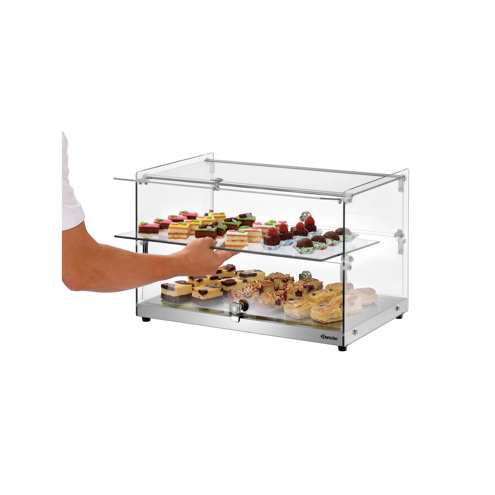 Bartscher 700356 Buffetvitrine 5400 2E-K Ansicht Komplett mit Essen offen in Benutzung Bartscher 700356 Buffetvitrine 5400 2E-K Ansicht Komplett mit Essen offen in Benutzung, Glasvitrine, Kühlvitrine, Dessertdisplay, Backwarenregal, Mehrschichtig