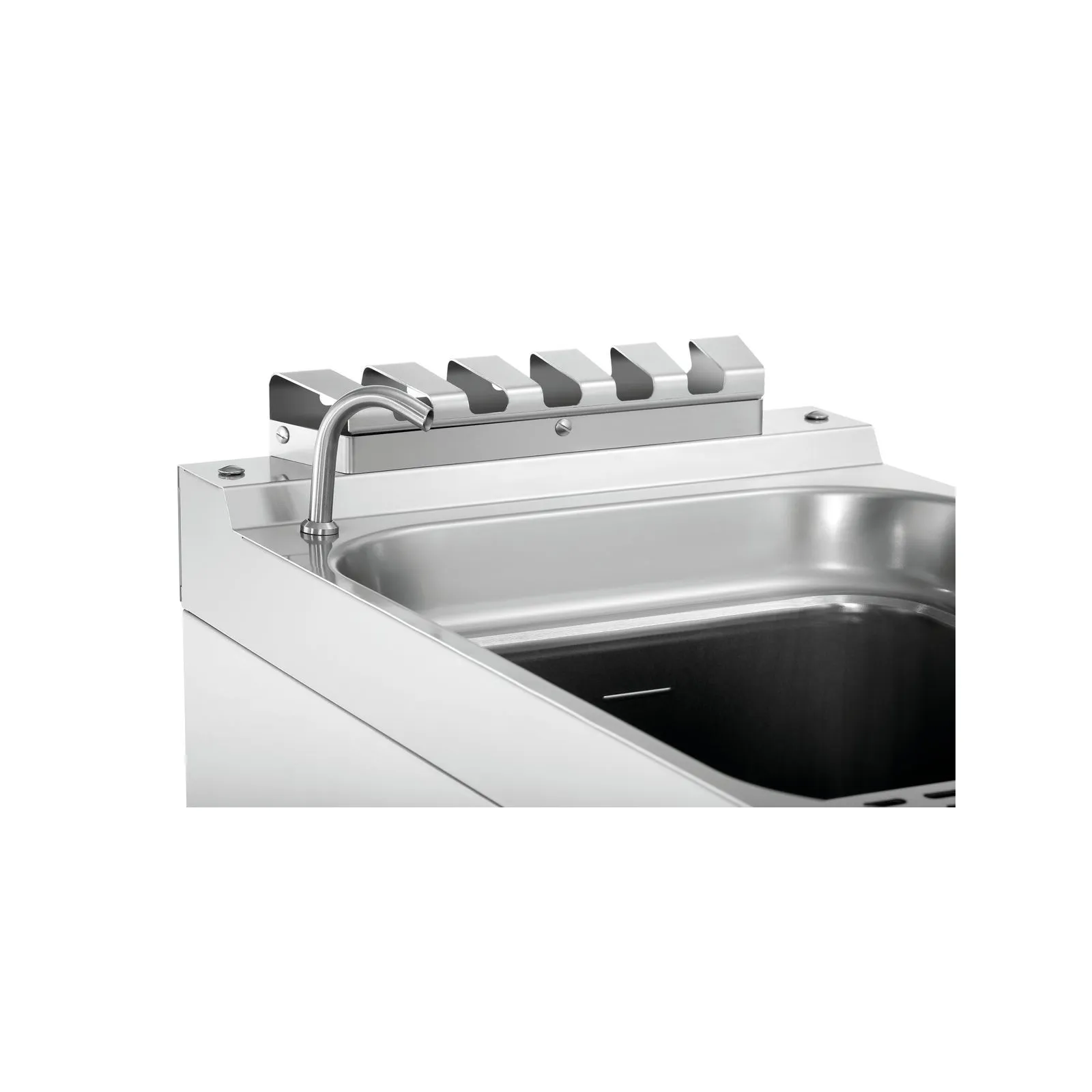 Bartscher 286305 Nudelkocher 700 B400 24L Nahansicht von oben, Küchenspüle, Edelstahl, Schüssel, Abtropfbereich, Armatur