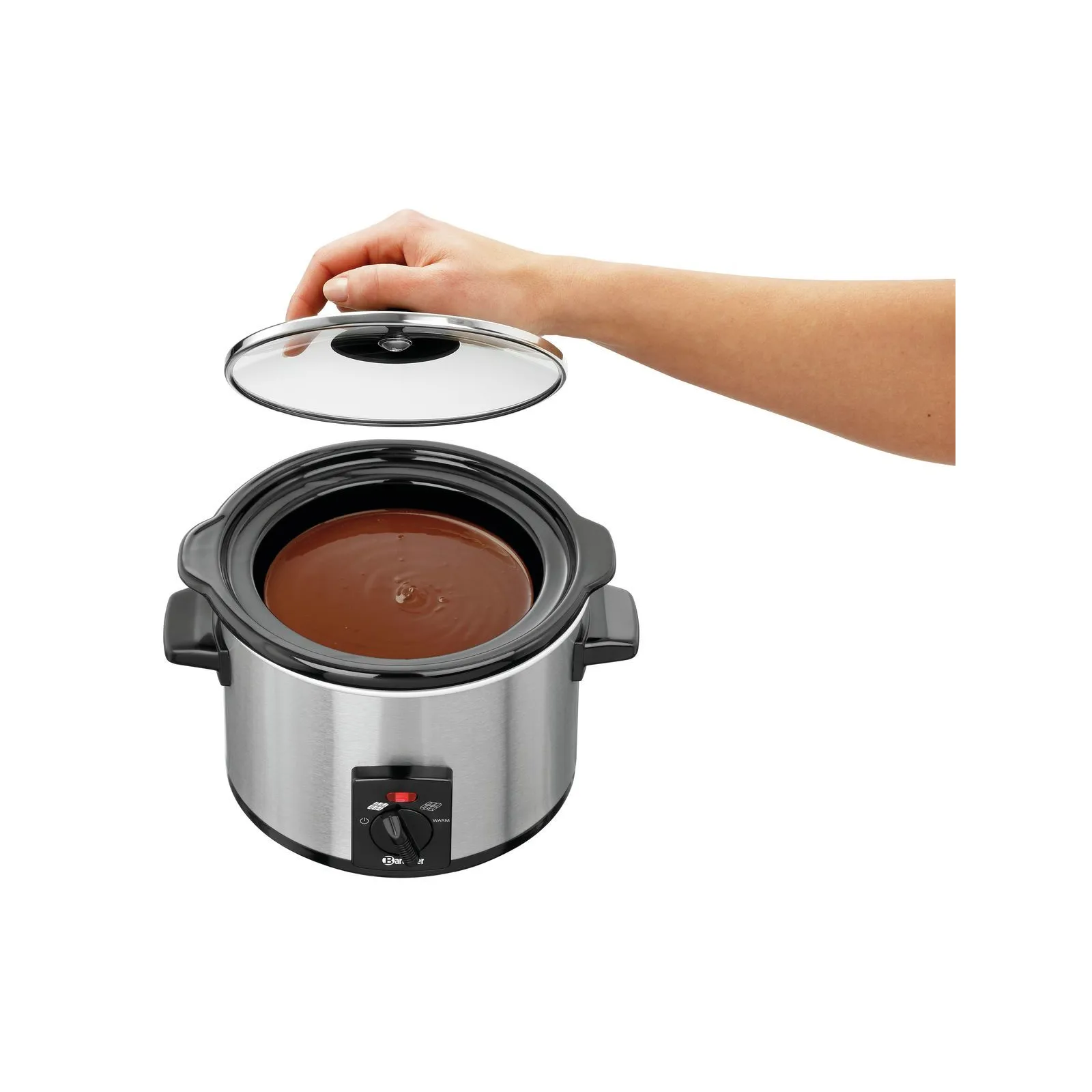 Bartscher 900005 Schokoladenwaermer Ansicht offener Deckel mit Schokolade, Slow cooker, Edelstahl, Glasdeckel, Kontrollrad, Bräunliche Soße