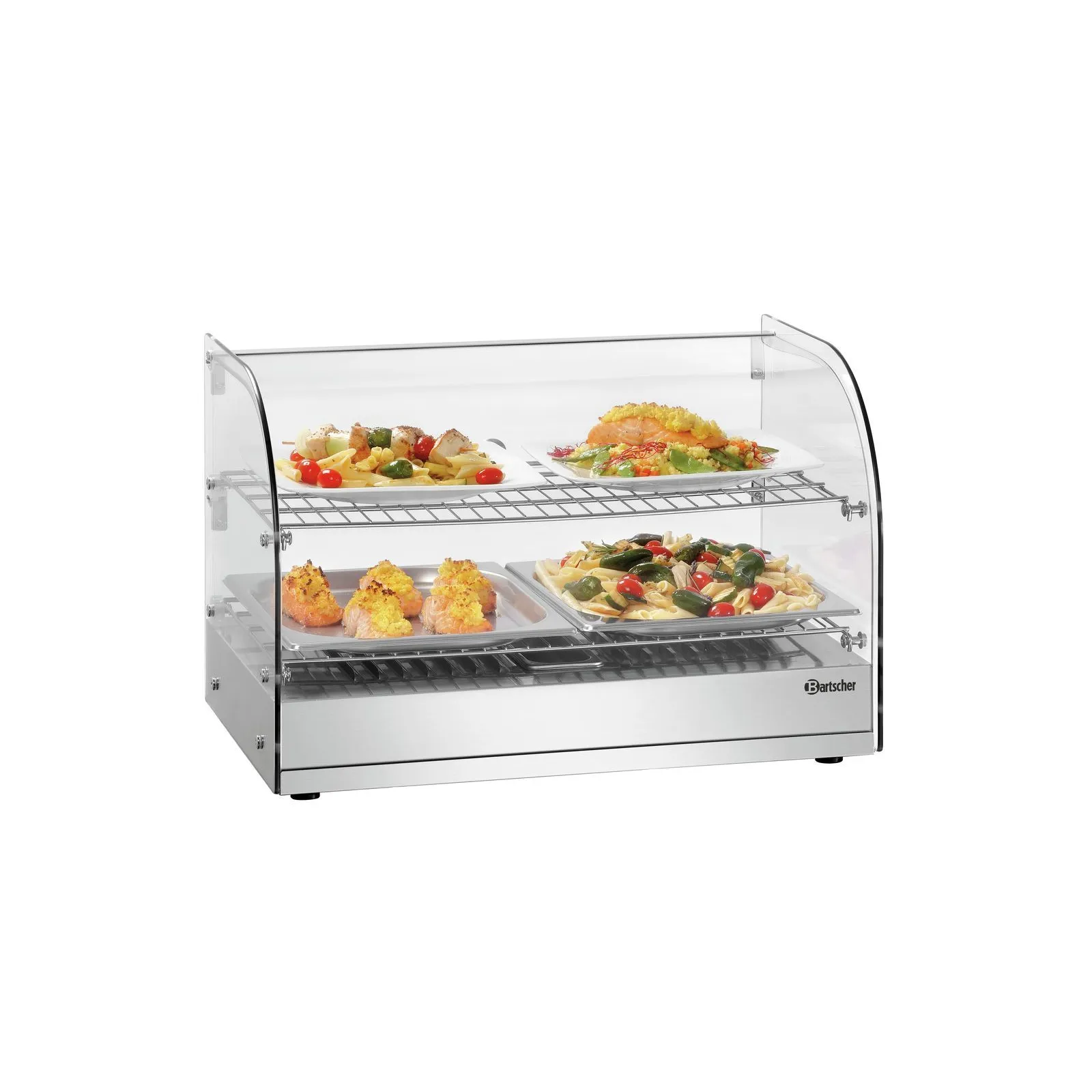 Bartscher 305062 Heiße Theke 5200 2ER Ansicht Komplett, mit Essen, Salatbar, Auslage, Edelstahl, gekrümmtes Glas, Nahrungswärmer