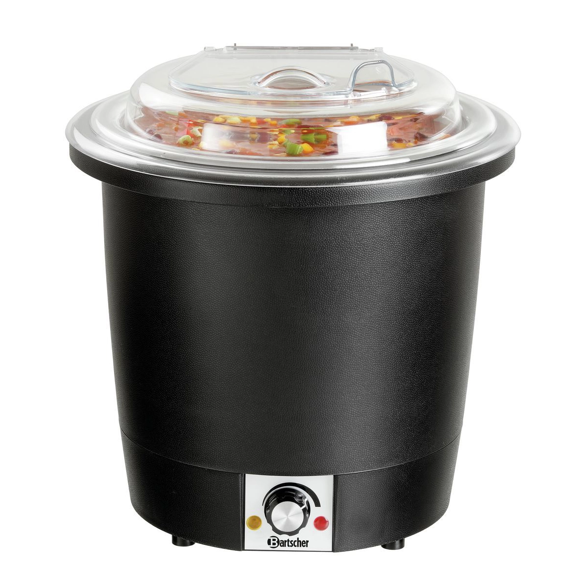 Bartscher Suppentopf schwarz mit transparentem Deckel und Inhalt, 100048 Bartscher 100048 Suppentopf mit Suppe gefüllt