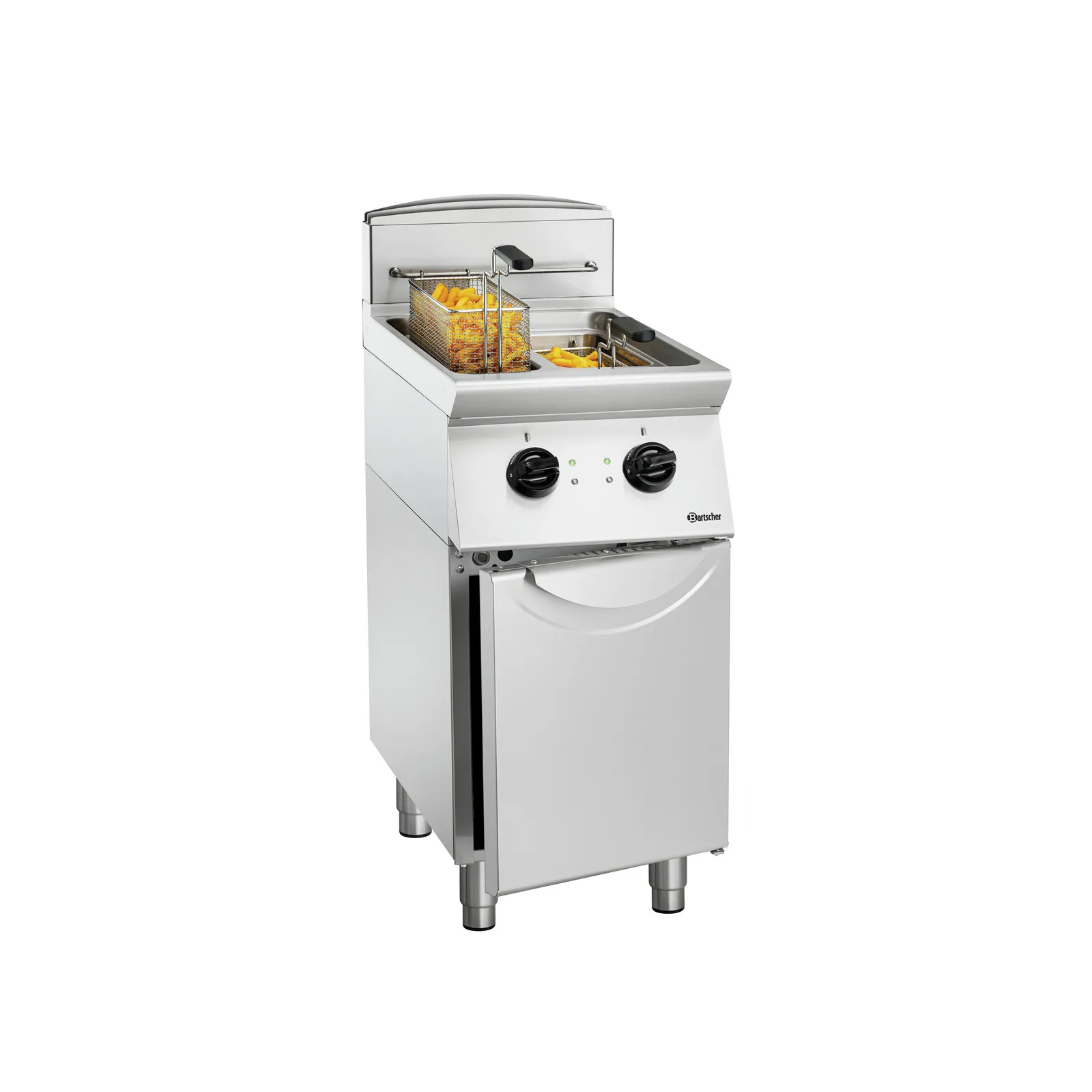 Bartscher 272335 Fritteuse 700 B400 2x8L Ansicht Komplett, offene Tür, mit Pommes, Fritteuse, Fritteuse, Industriell, Stahl, Fritteur-Standgerät