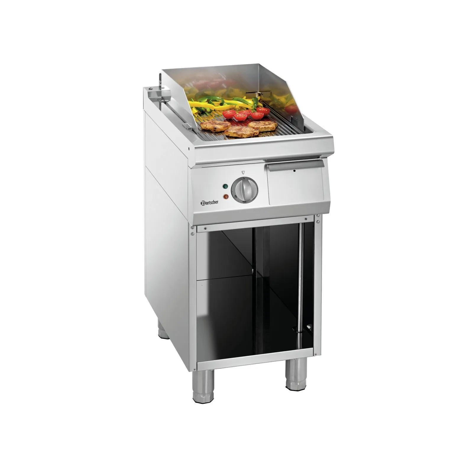 Bartscher 285071 Spritzschutz 740 Ansicht an Griddleplatte, mit Essen, Grillgerät, Gasgrill, Standsgrill, Schwenkgrill, Metallstil
