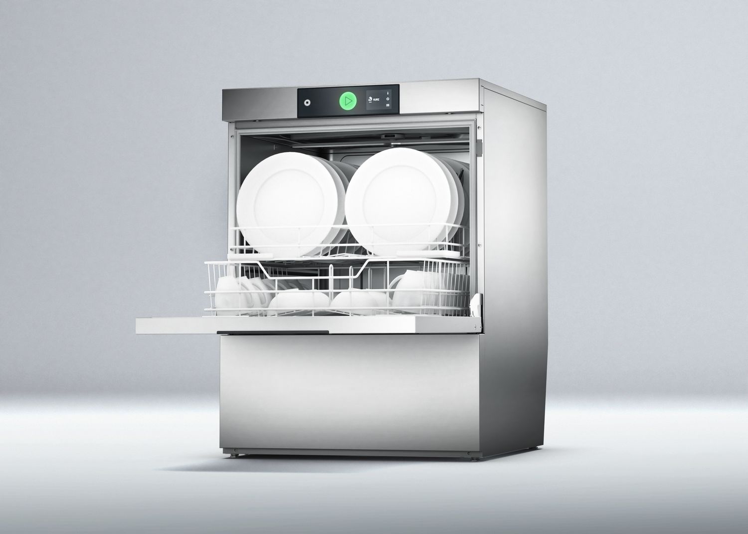 Hobart Care Geschirrspuelmaschine offen mit gefuelltem Spuelkorb Hobart Care Geschirrspuelmaschine offen mit gefuelltem Spuelkorb