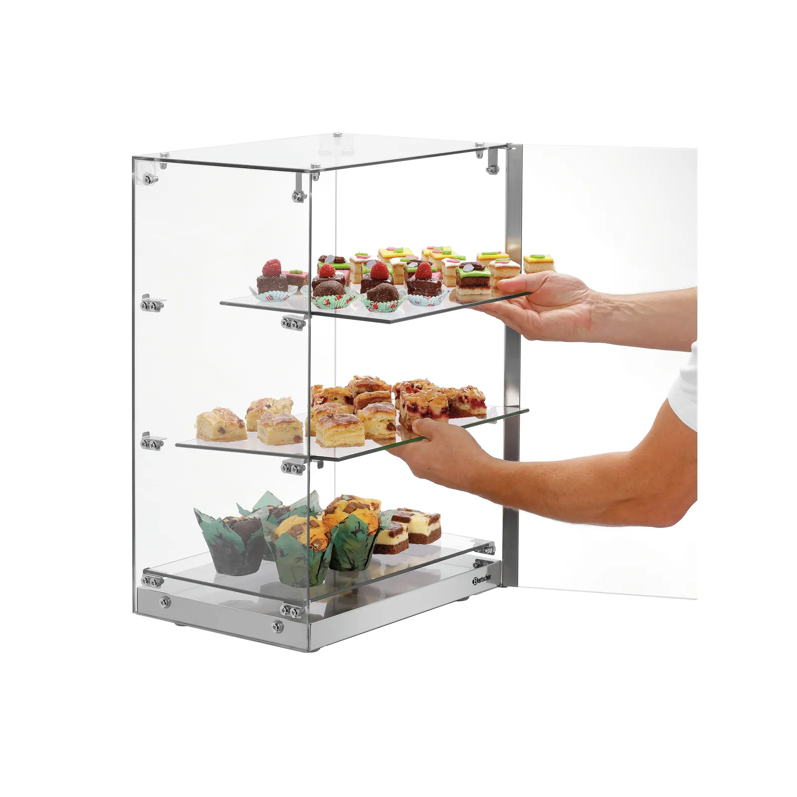 Bartscher 700357 Buffetvitrine 3850 3E-K Ansicht Komplett mit Essen offen in Benutzung Bartscher 700357 Buffetvitrine 3850 3E-K Ansicht Komplett mit Essen offen in Benutzung, Auslage, Ausstellungsdisplay, Silikon/acryl, Glasregal, Dessertplatten