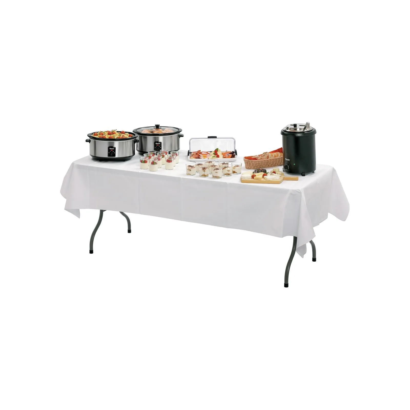 Bartscher 601179 Multi-Tisch 1830 W Ansicht Komplett mit Tischdecke gedeckt , Buffet, Chafing dish, Nahrungswärmer, Tafelgeschirr, Getränkespender