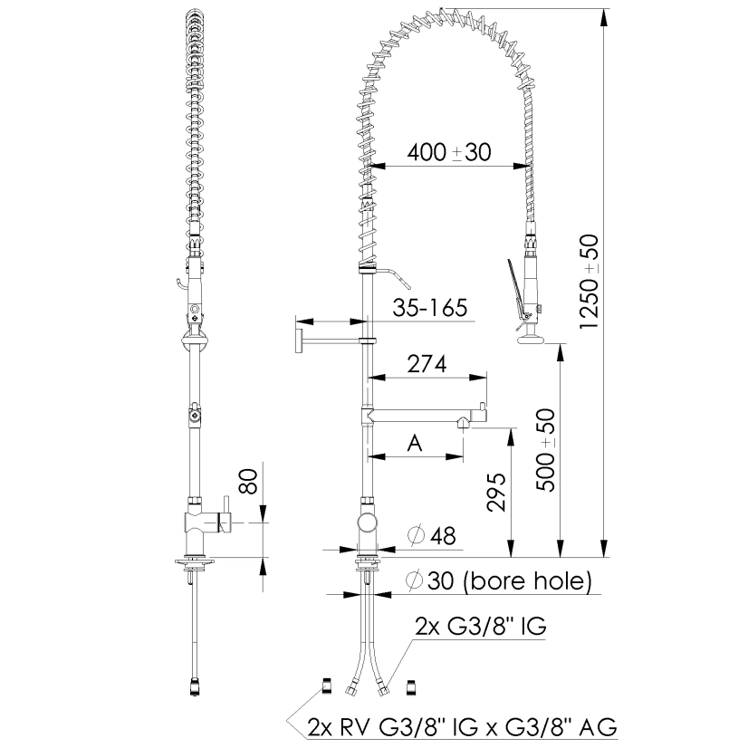 Echtermann 321-102-150-295 321-102-220-295 321-102-270-295 ClassicClean Geschirrbrause mit Schwenkauslauf Zeichnung, kitchen faucet, pull-down sprayer, kitchen tap, brass finish, dual handle
