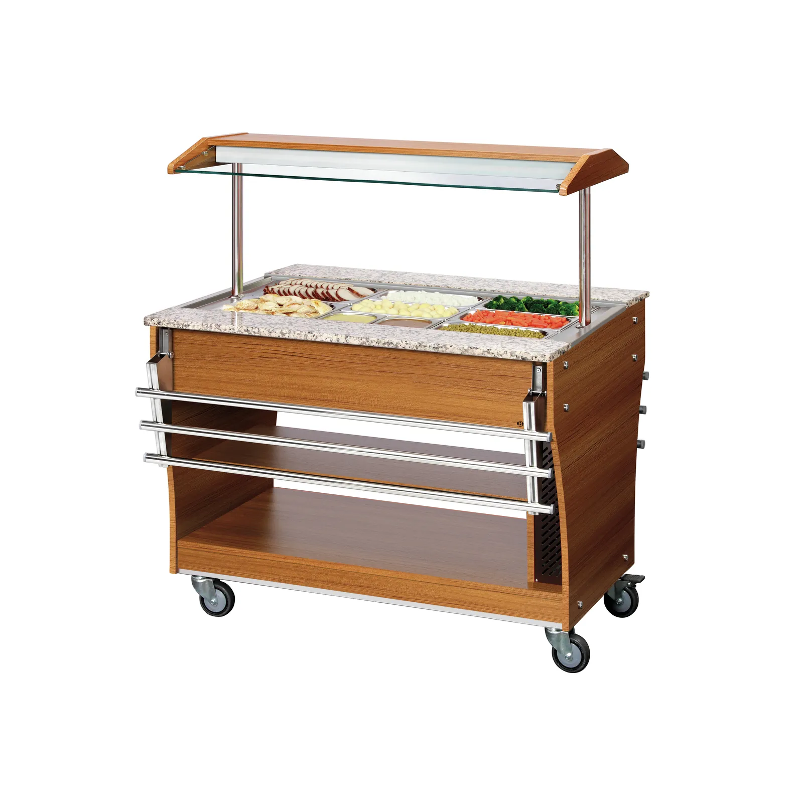 Bartscher 125502 Tablettrutsche 1 Stück 3x 1/1 GN Ansicht an Buffetwagen, eingeklappt, Salatbar, Buffetwagen, Holz, Granitplatte, Rollwagen