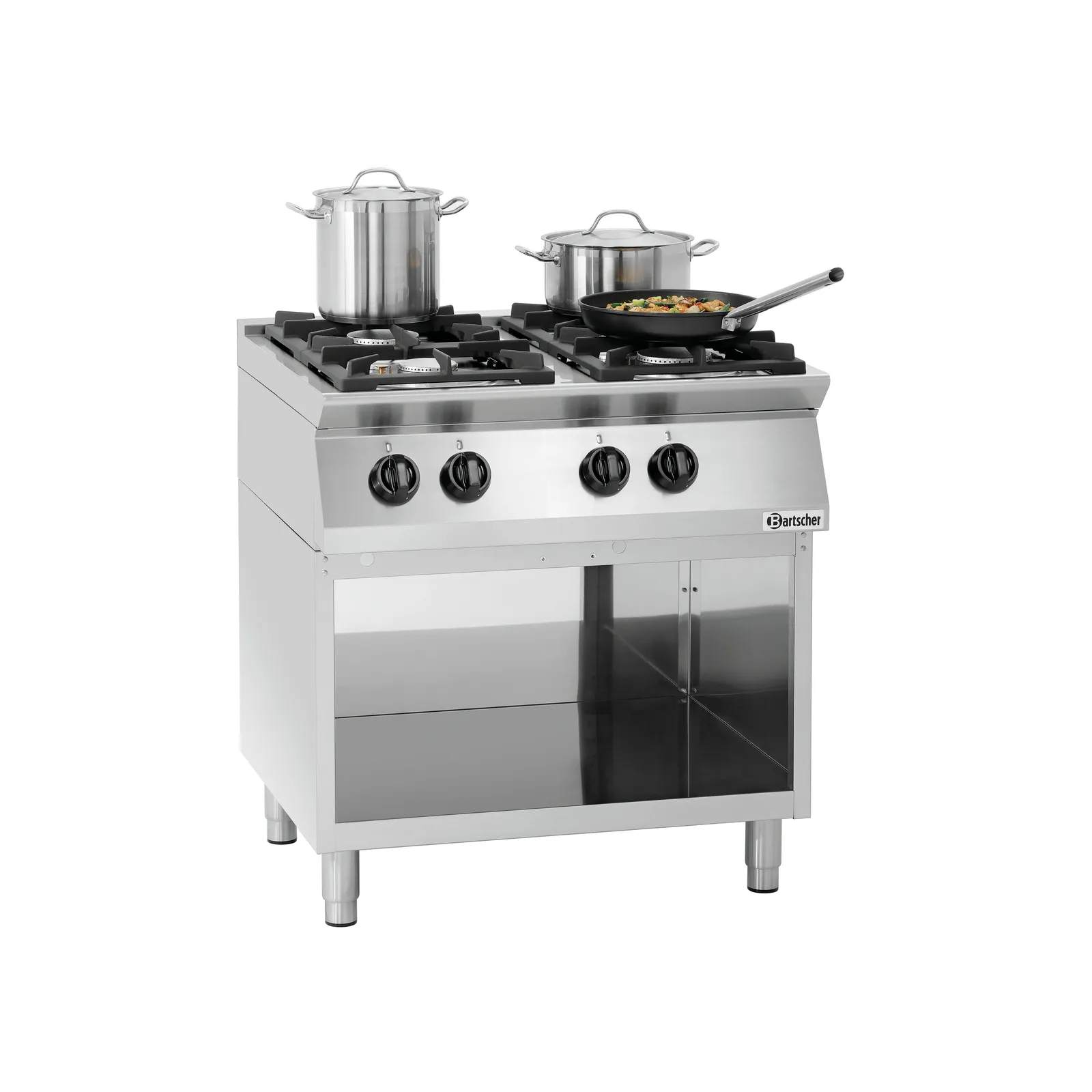Bartscher 1582051 Gasherd MFGO 7040 Ansicht Komplett, Essen auf dem Herd, gas stove, 4-burner, Edelstahl, Ofen, Töpfe auf Herd