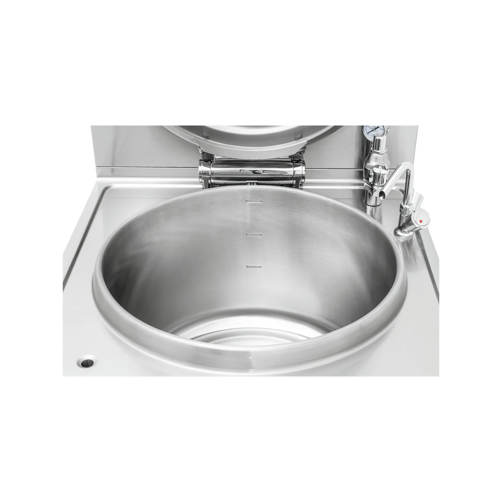 Bartscher 280021 Kochkessel E220L Nahansicht offener Deckel, stahl, spülbecken, industrie, rundtopf, wäscherausstattung