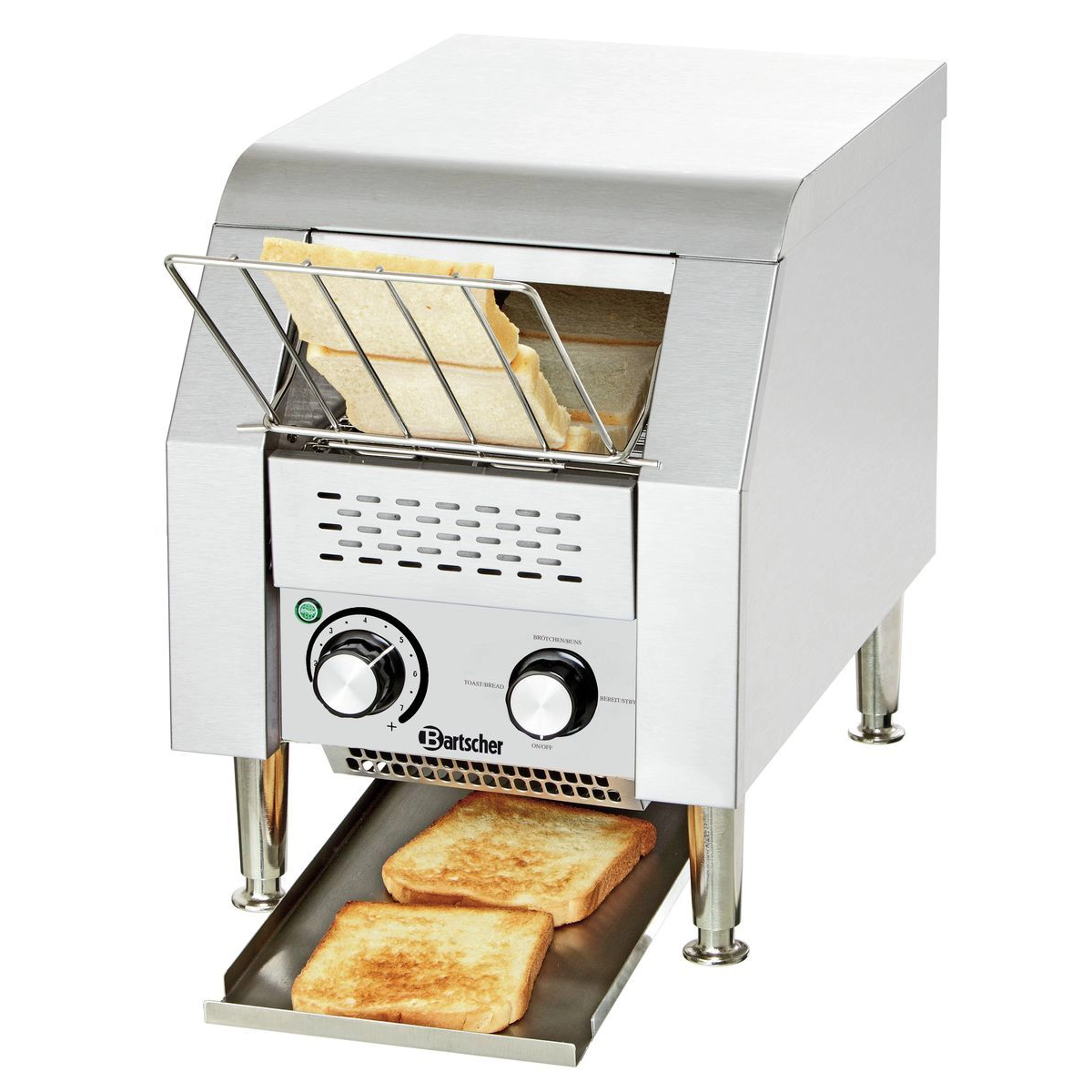 Bartscher 100211 Durchlauftoaster der gerade eine Toastscheibe einfaehrt und zwei sind schon fertig Bartscher 100211 Durchlauftoaster mit fertigen Toastscheiben