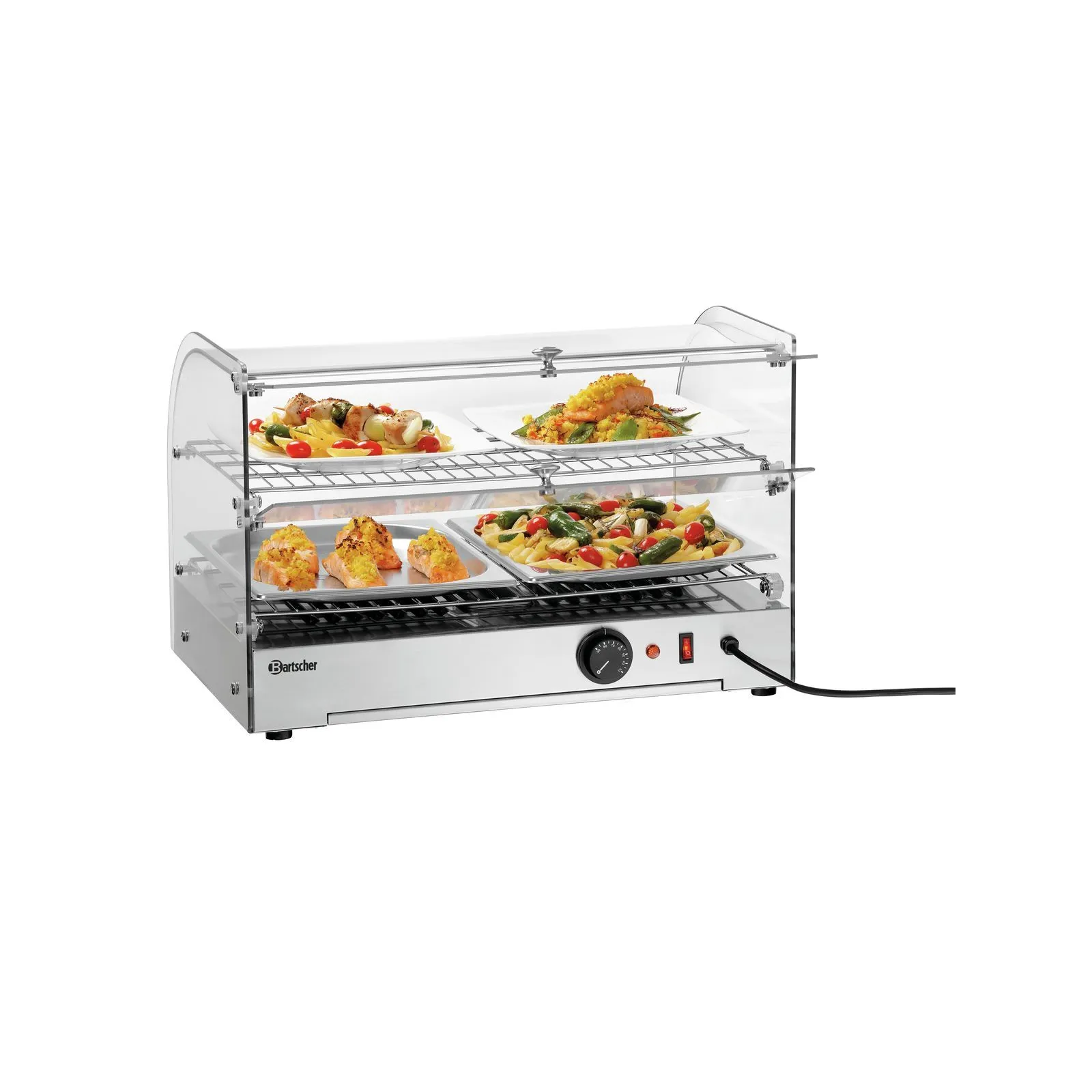 Bartscher 305062 Heiße Theke 5200 2ER Ansicht Komplett von hinten, mit Essen, Chafing Dish, Absperrhaube, Wärmebehälter, Steckdosenbetrieb, Elektrischer Warmhalter