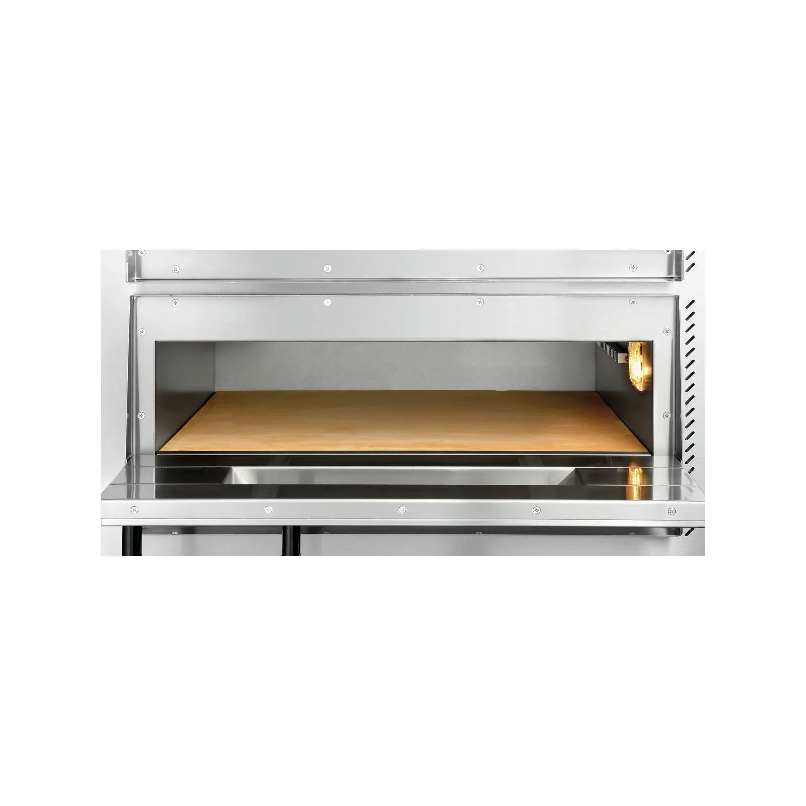 Bartscher 2002095 Pizzaofen NT 622 Nahansicht, innen, geöffnet, Ofen, Backofen, Schublade, Holzboden, Stahloffen