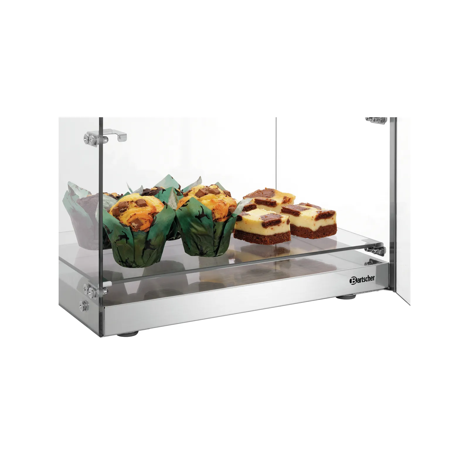 Bartscher 700357 Buffetvitrine 3850 3E-K Ansicht nah mit Essen Bartscher 700357 Buffetvitrine 3850 3E-K Ansicht nah mit Essen, Kuchen, Cupcake, Glasvitrine, Backwaren, Dessert