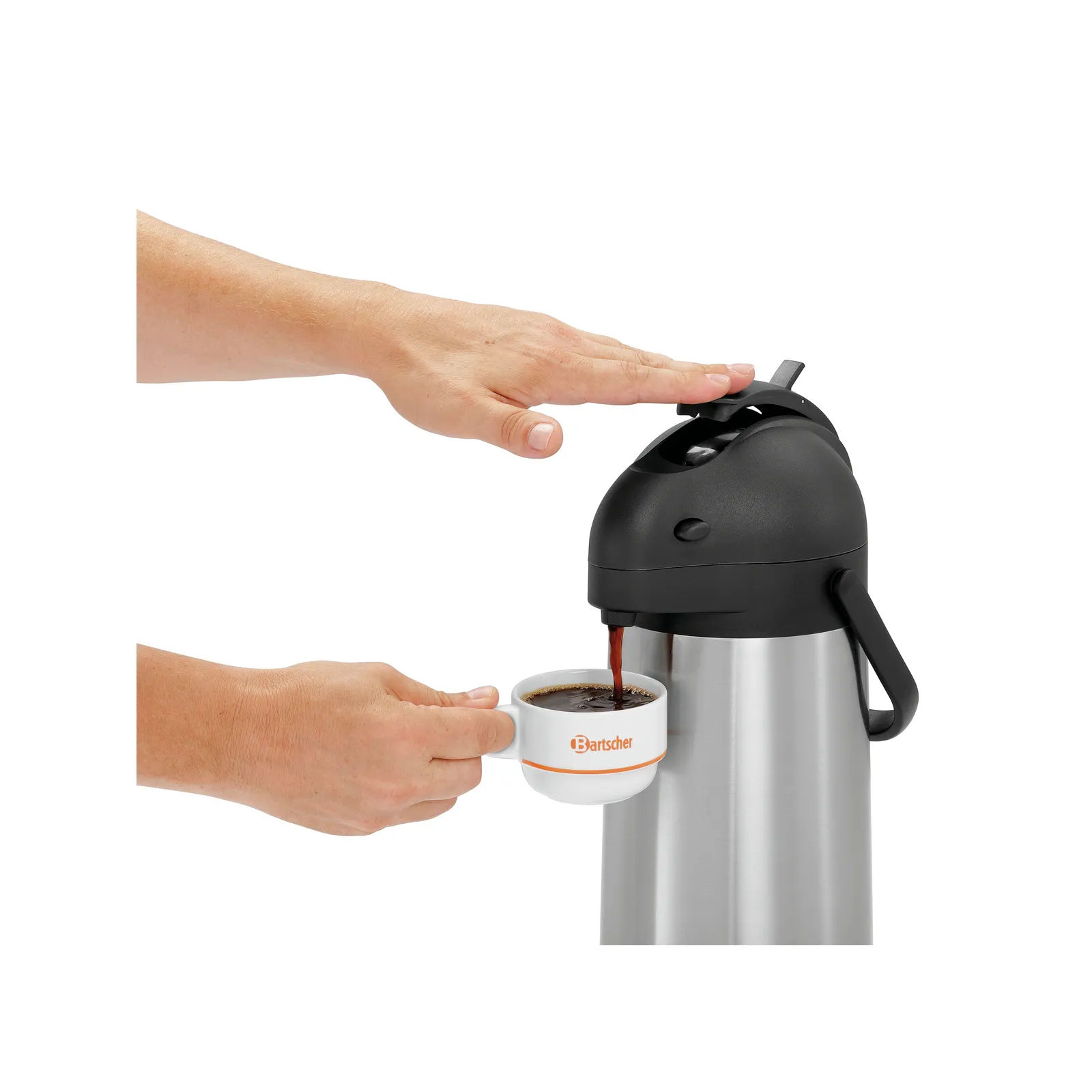 Bartscher 190117 Isolierpumpkanne 1,9L-ST Ansicht Komplett, in Benutzung, Espresso, Kaffeemaschine, Kaffeeausgabe, Thermobechter, Stainless Steel