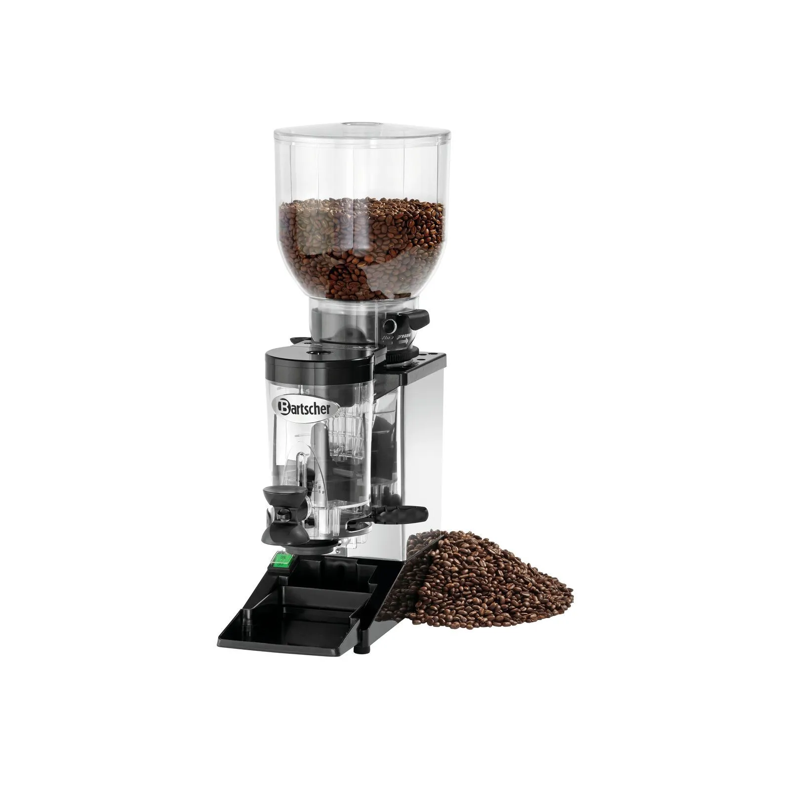 Bartscher 190174 Kaffeemühle Modell Space II Ansicht Komplett, mit Kaffeebohnen in und neben der Maschine, Kaffeemühle, Mahlwerk, Kaffee, Glask hopper, Körner