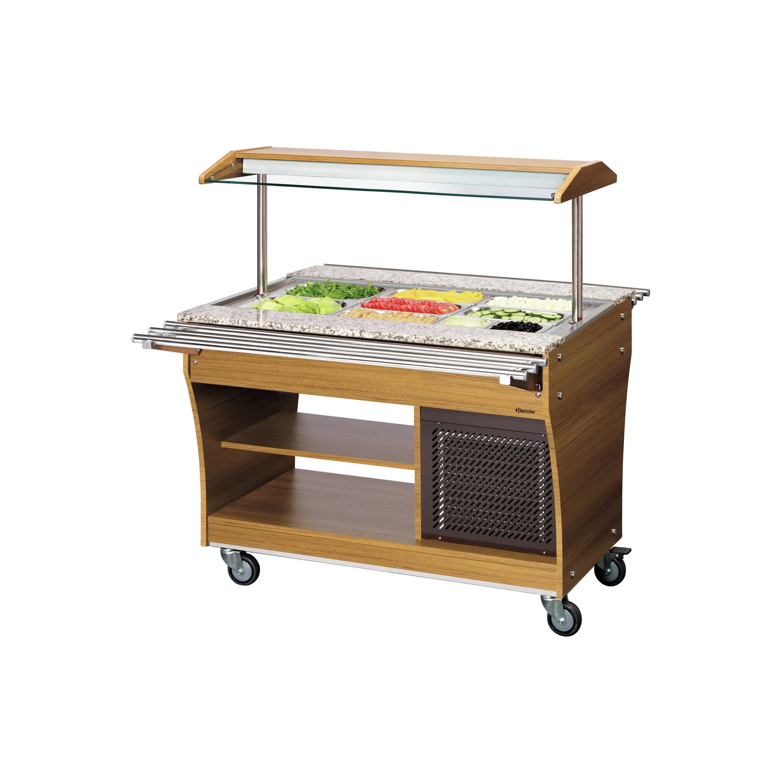 Bartscher 125525 Buffetwagen kalt 3x 1/1 GN Ansicht Komplett, mit Essen, mit Tablettrutsche ausgeklappt, Salatbar, Buffetstation, Holzwagen, Edelstahl, Rollenwagen