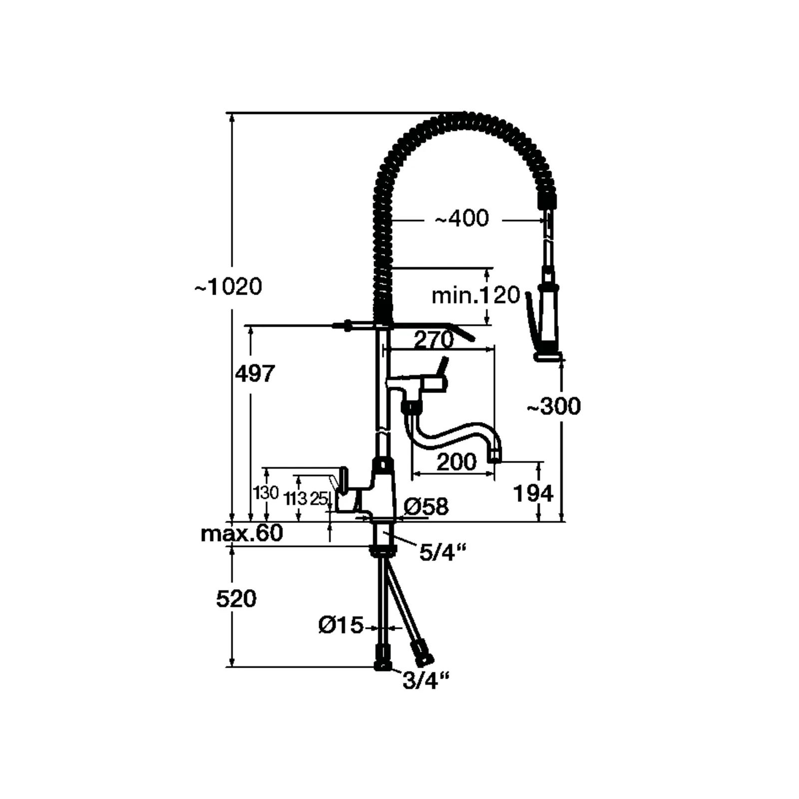 Bartscher 400123 Einhebelmischer 40L-1801B technisch Zeichnung, Küchenarmatur, Ausziehbare Brause, Hoher Bogen Armatur, Chrom-Finish, Sprühschlauch