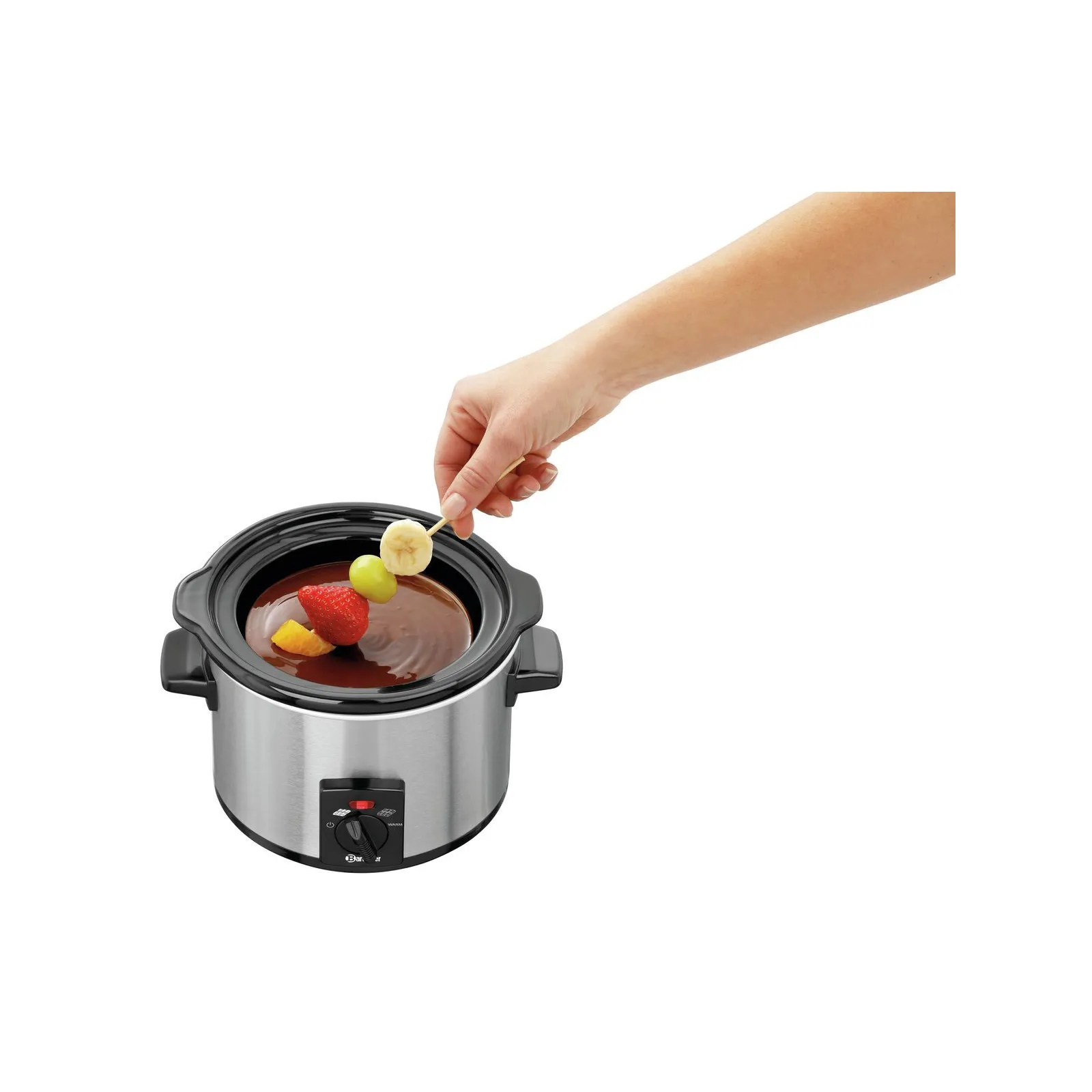 Bartscher 900005 Schokoladenwaermer Ansicht ohne Deckel mit Schokolade und Fruechten, Slow cooker, Stainless steel, Black lid, Fruit skewer, Chocolate fondue