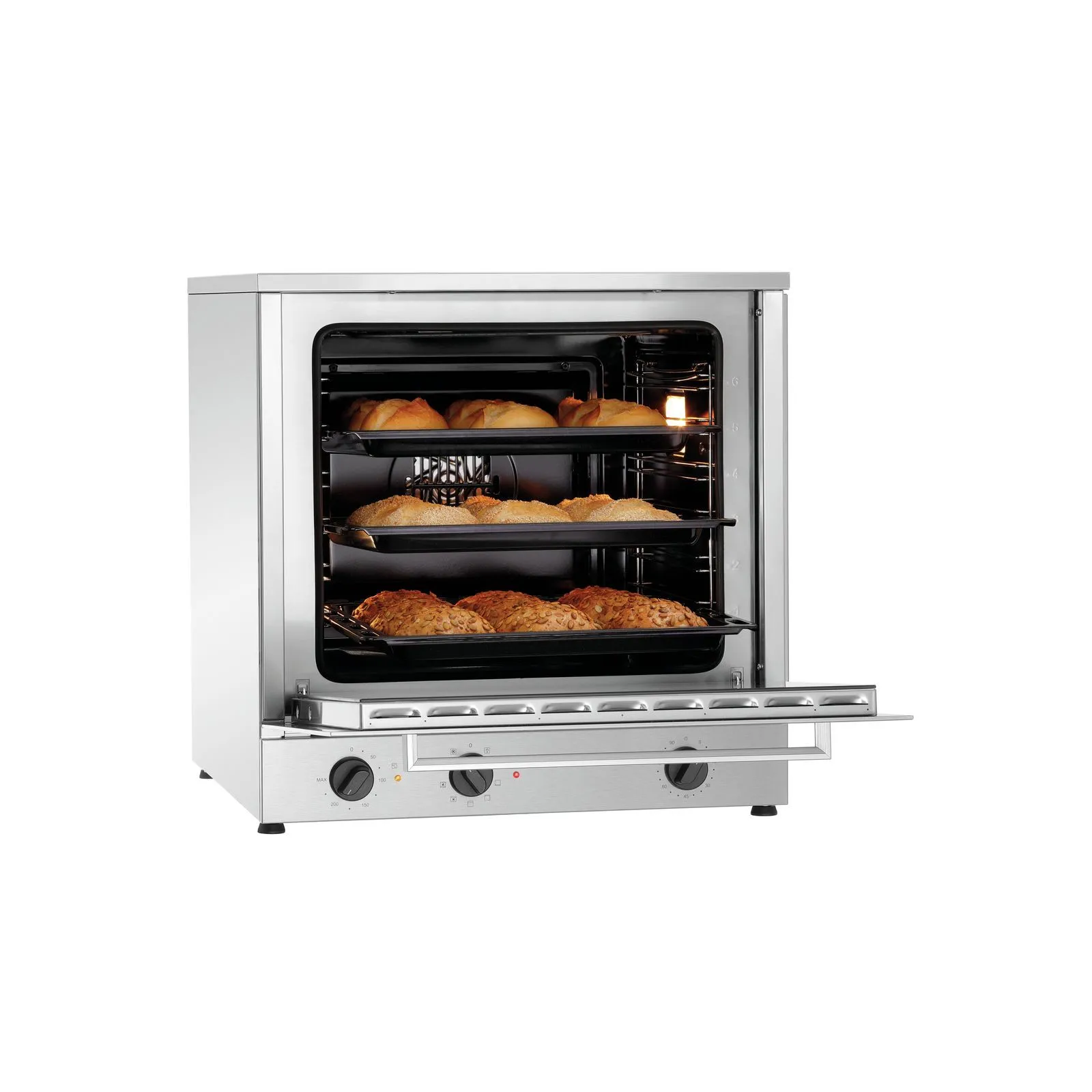Bartscher 121782 Heißluftofen MF6430 Ansicht Komplett, mit Brötchen, geöffnet, Backofen, Küchengerät, Stahl, Ofen mit Glastür, Backteig/Brötchen