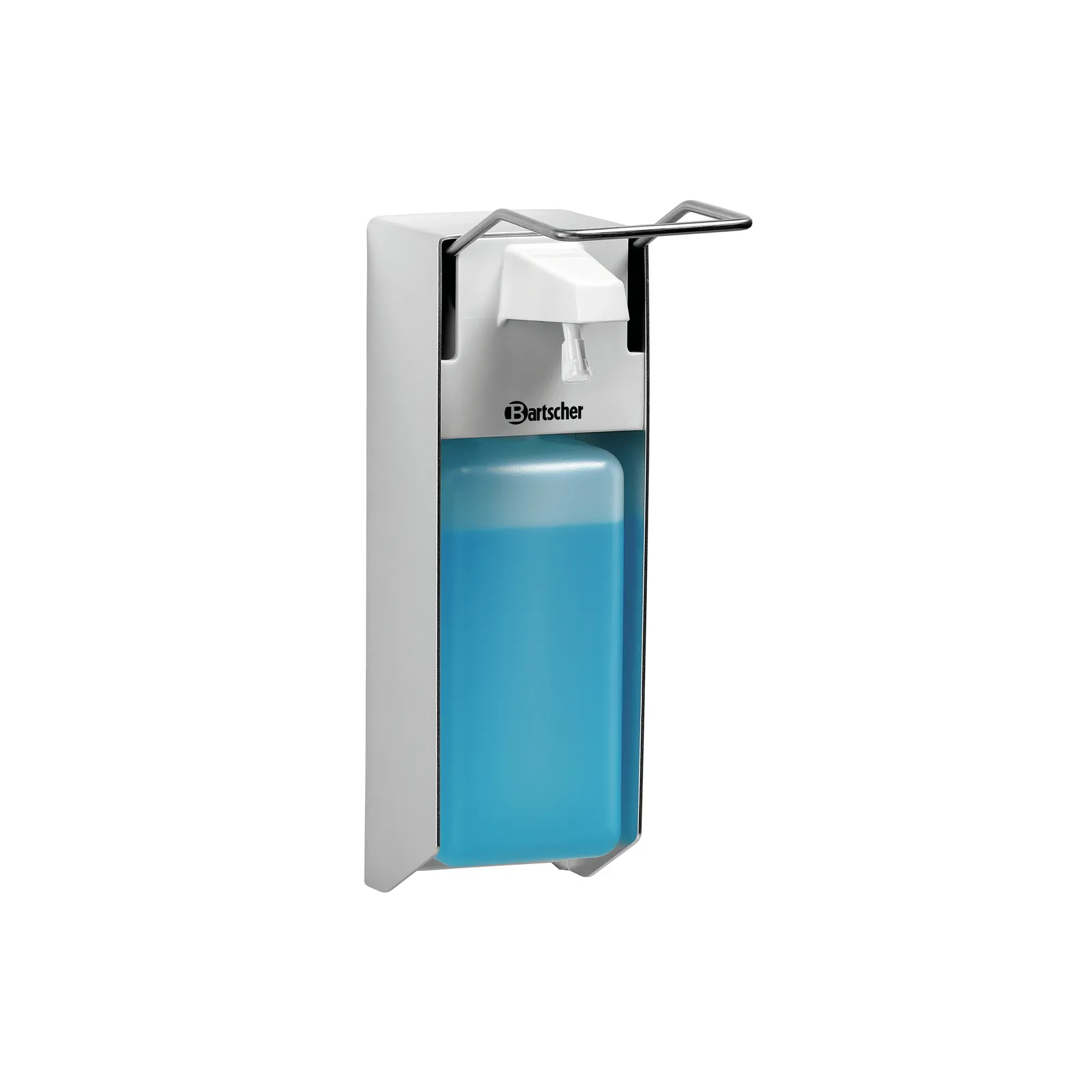 Bartscher 850019 Desinfektionsspender PS 0,9L W Ansicht Komplett mit Desinfektionsmittel, Duschspender, Spender, Blaues Behälter, Hygienespender, Küchenspender